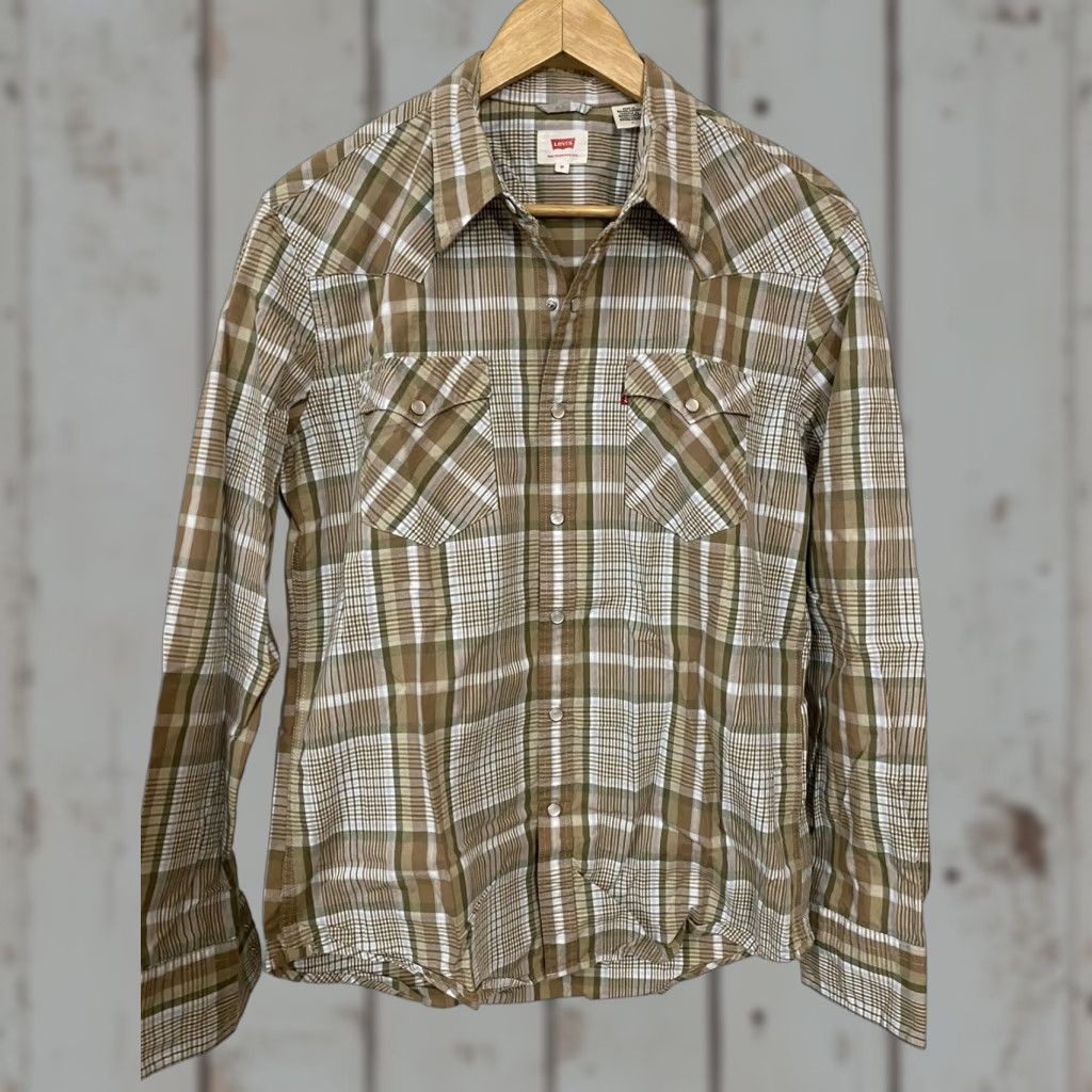 Levi's VINTAGE Levi's Pearl Snap Western Shirt Check Long Sleeve Mens M Tan Brown Size US M / EU 48-50 / 2 - 1 Thumbnail