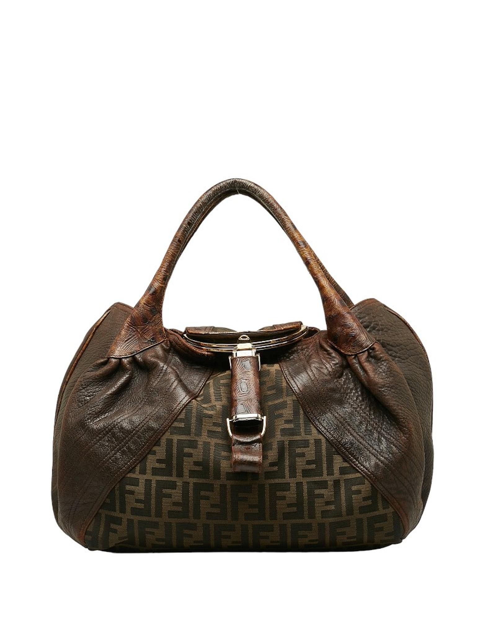 image of Fendi Canvas And Leather Trimmed Handbag in Brown, Women's