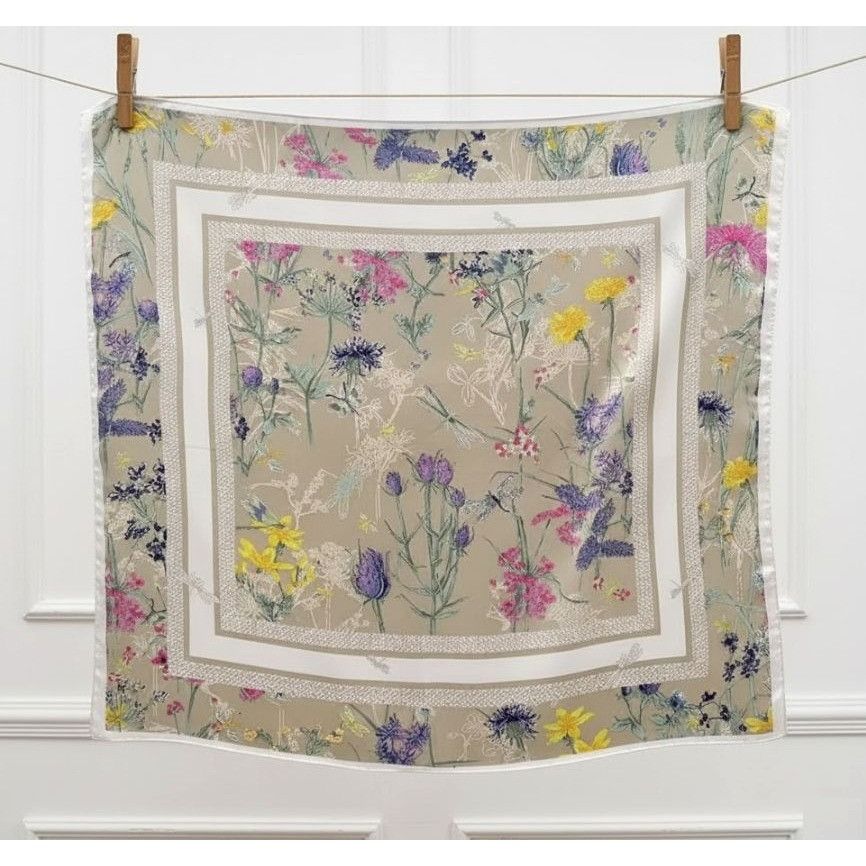 Other ⭐Elegant Silky Square Scarf Beige Gray Botanical Wildflower Size ONE SIZE - 2 Thumbnail