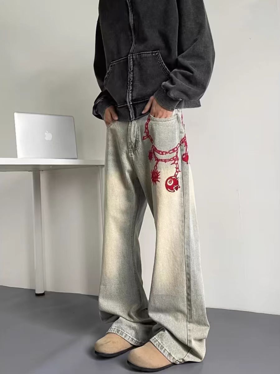 Japanese Brand × Jean Washed and Aged Red Chain Embroidered Street Jeans Size US 32 / EU 48 - 5 Thumbnail