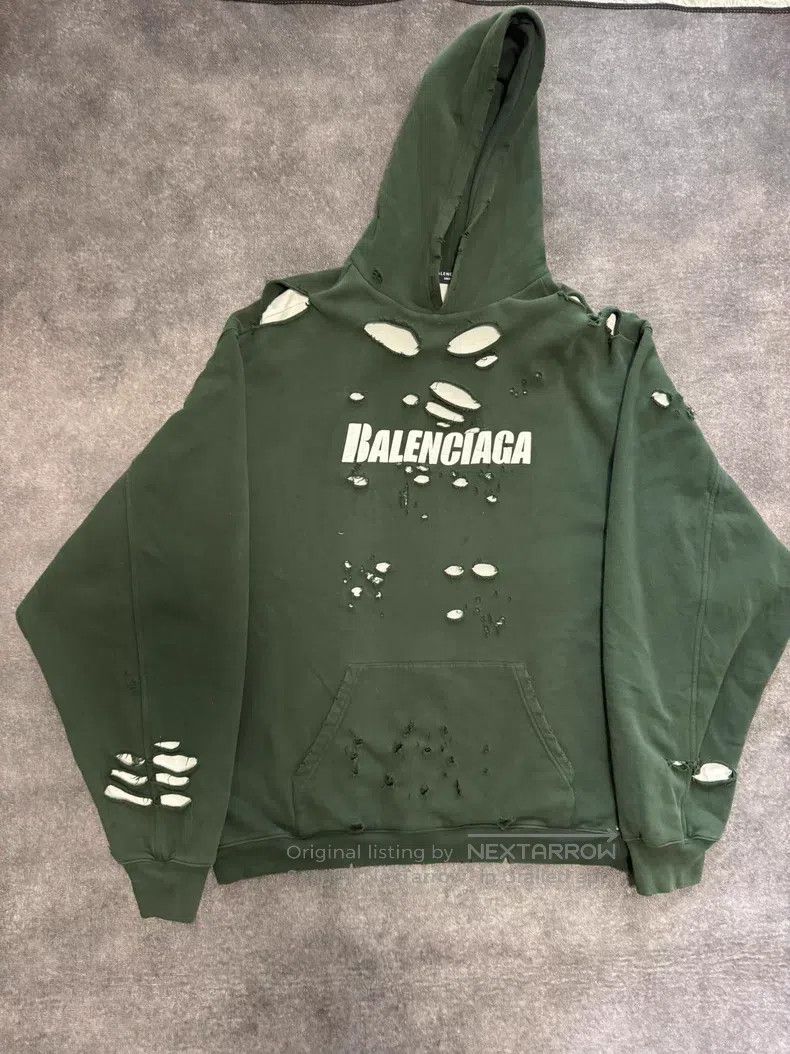 Balenciaga Balenciaga Green Hole Destroyed Ripped Hooded Sweatshirt Size US S / EU 44-46 / 1 - 1 Thumbnail