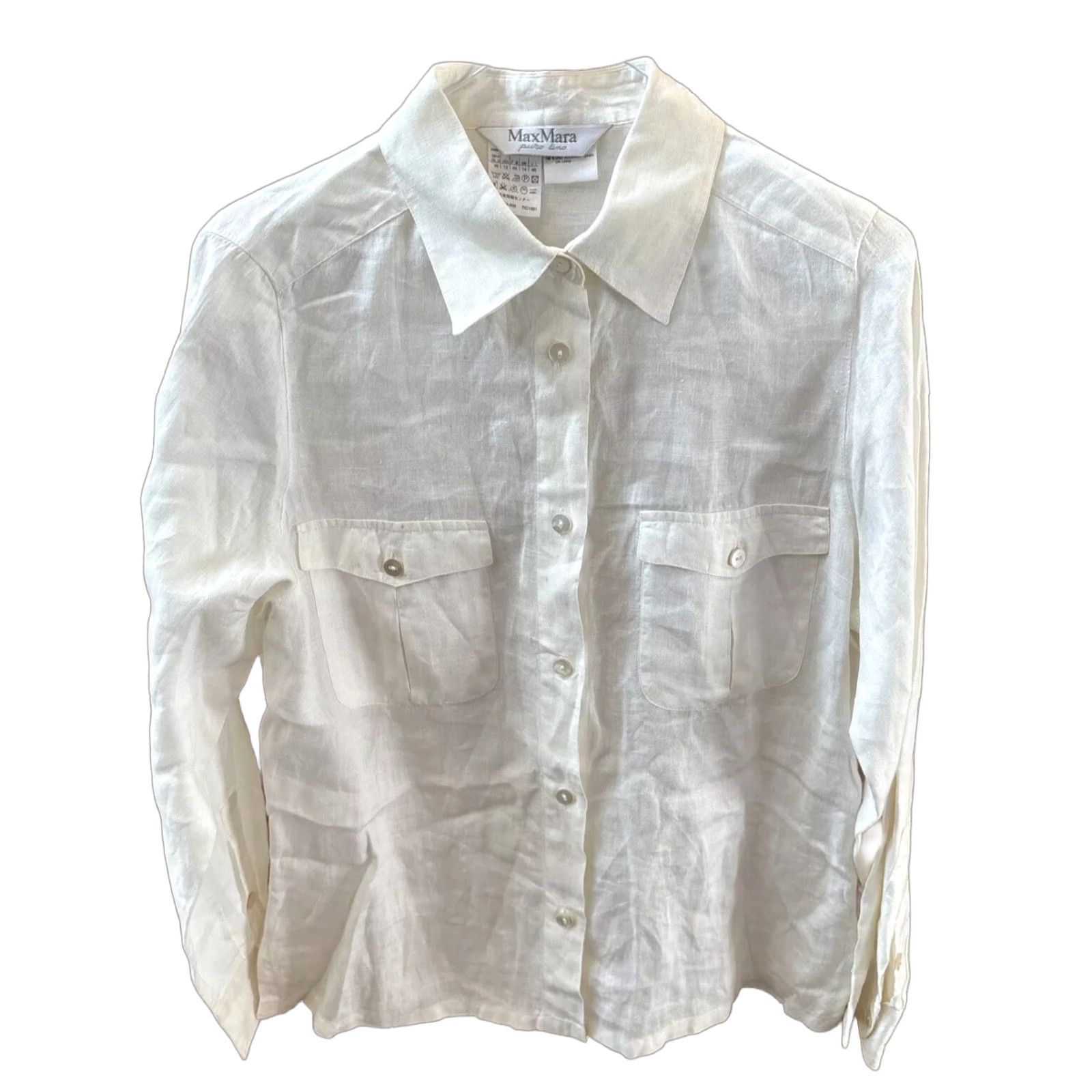 Max Mara Max Mara Button-Up Shirt Linen Long Sleeve Collared Pockets Ivory 12 Women Size XL / US 12-14 / IT 48-50 - 1 Thumbnail