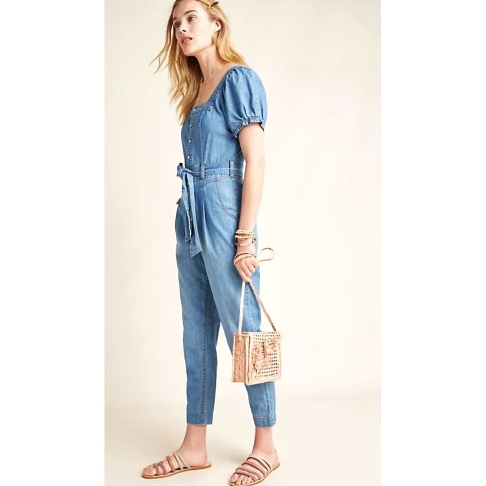 Anthropologie Anthropologie Pilcro and the Letterpress Denim Jumper Women’s Size 4 Blue Short Sleeve 100% Cotton Jumpsuit Size S / US 4 / IT 40 - 2 Thumbnail