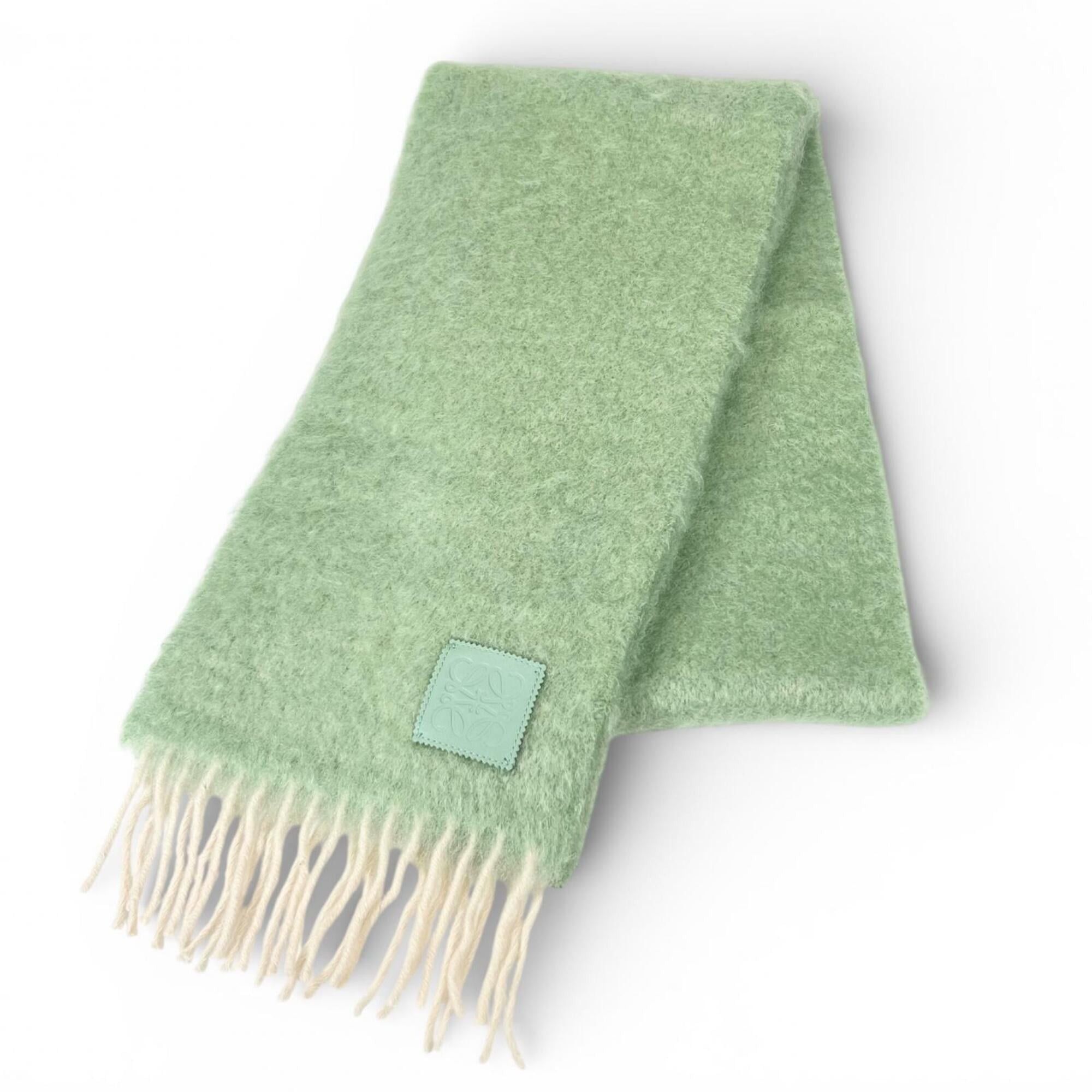 Loewe LOEWE Mohair Wool Anagram Leather Patch Fringe Scarf, Green, Made in Spain, Authentic, Women's Size ONE SIZE - 1 Thumbnail