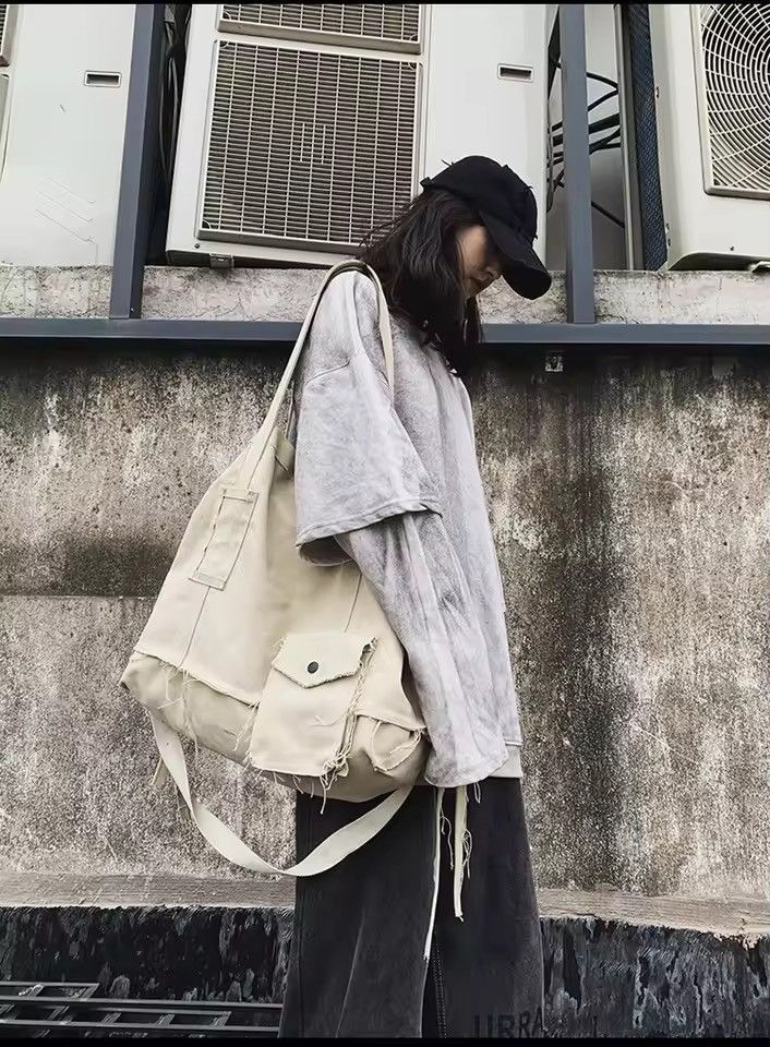 Japanese Brand Large Canvas Messenger Bag y2k japanese style alt faded Size ONE SIZE - 6 Thumbnail