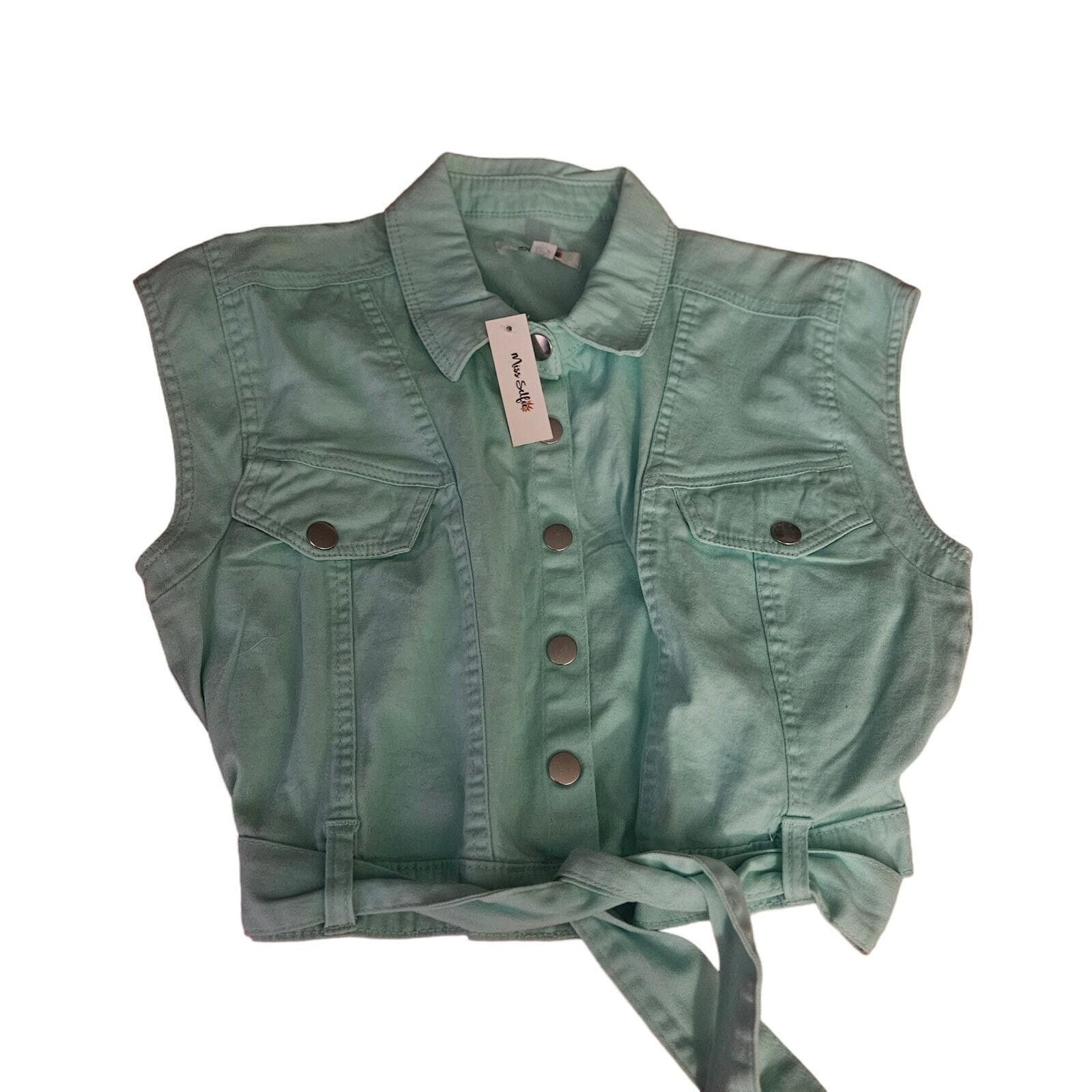 Designer Miss Selfridge Mint Green Cropped Denim Jacket sz L Size L / US 10 / IT 46 - 1 Thumbnail