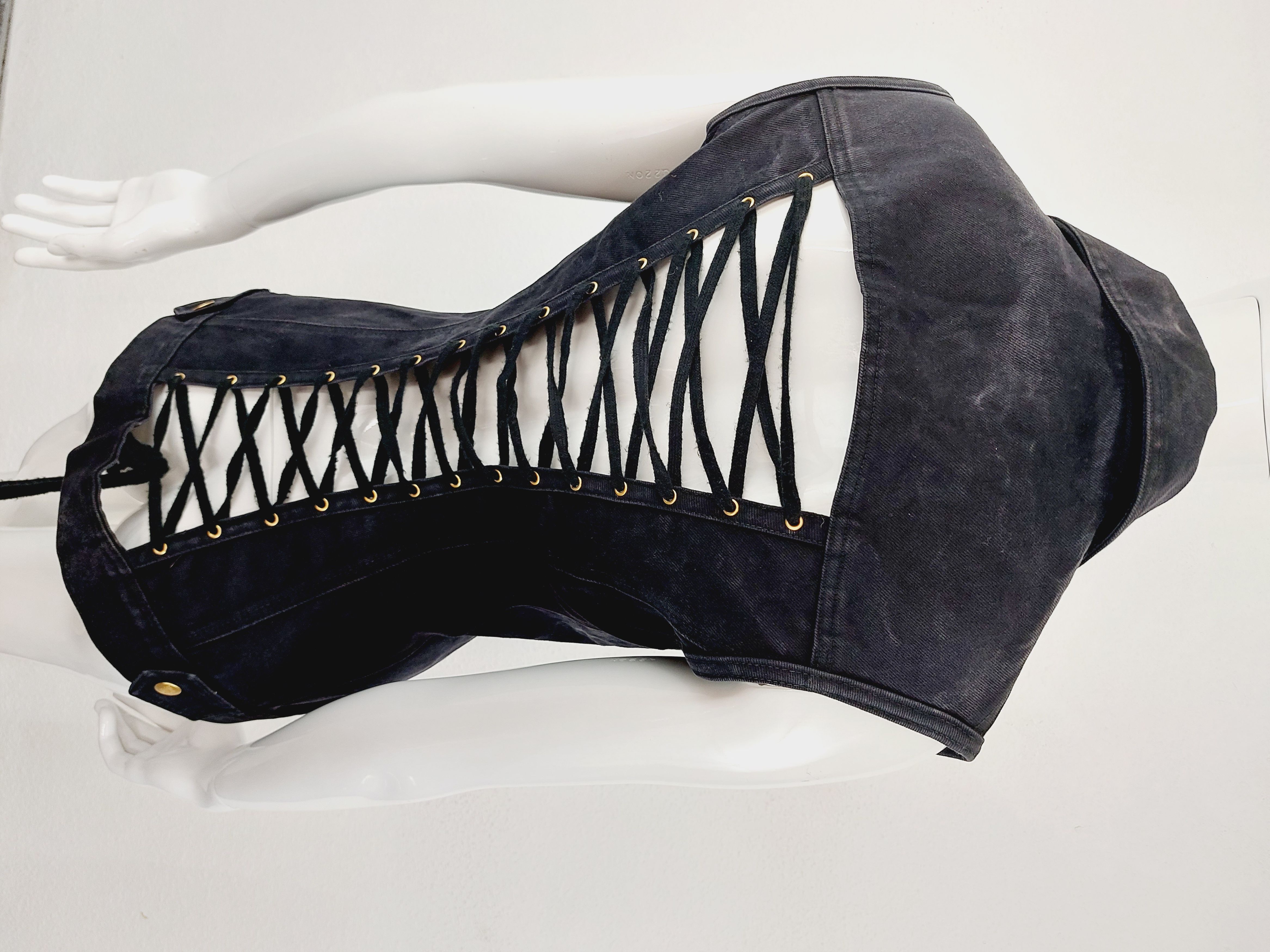 image of Jean Paul Gaultier Lace Up Coset Optical Vest Top Bustier in Black, Women's
