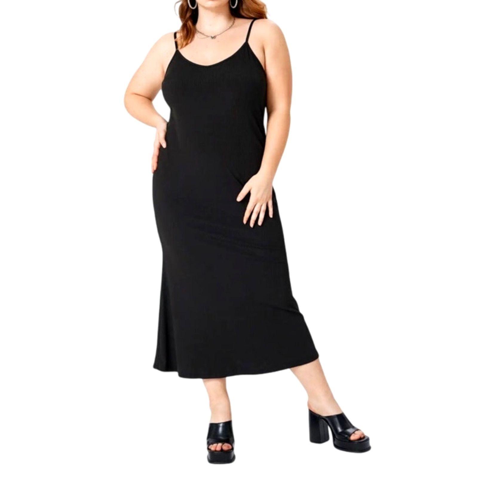 Cider Cider Solid Black Slim Fit Mid Rise V-Neck Cami Maxi Dress Size L / US 10 / IT 46 - 2 Thumbnail