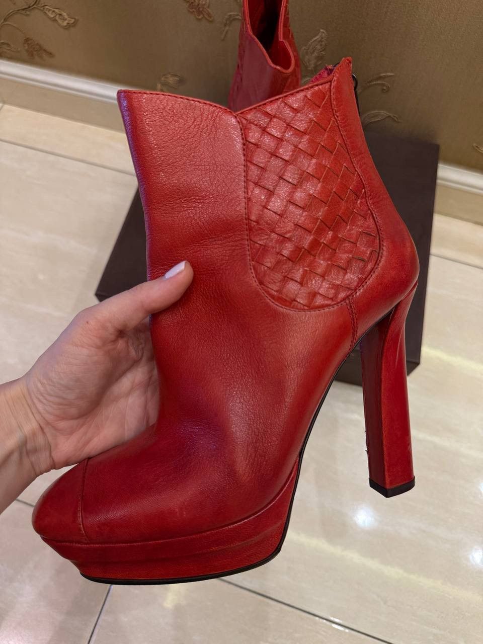 Bottega Veneta Bottega Veneta Red Leather Intrecciato Platform Ankle Boots Size US 10 / IT 40 - 5 Thumbnail