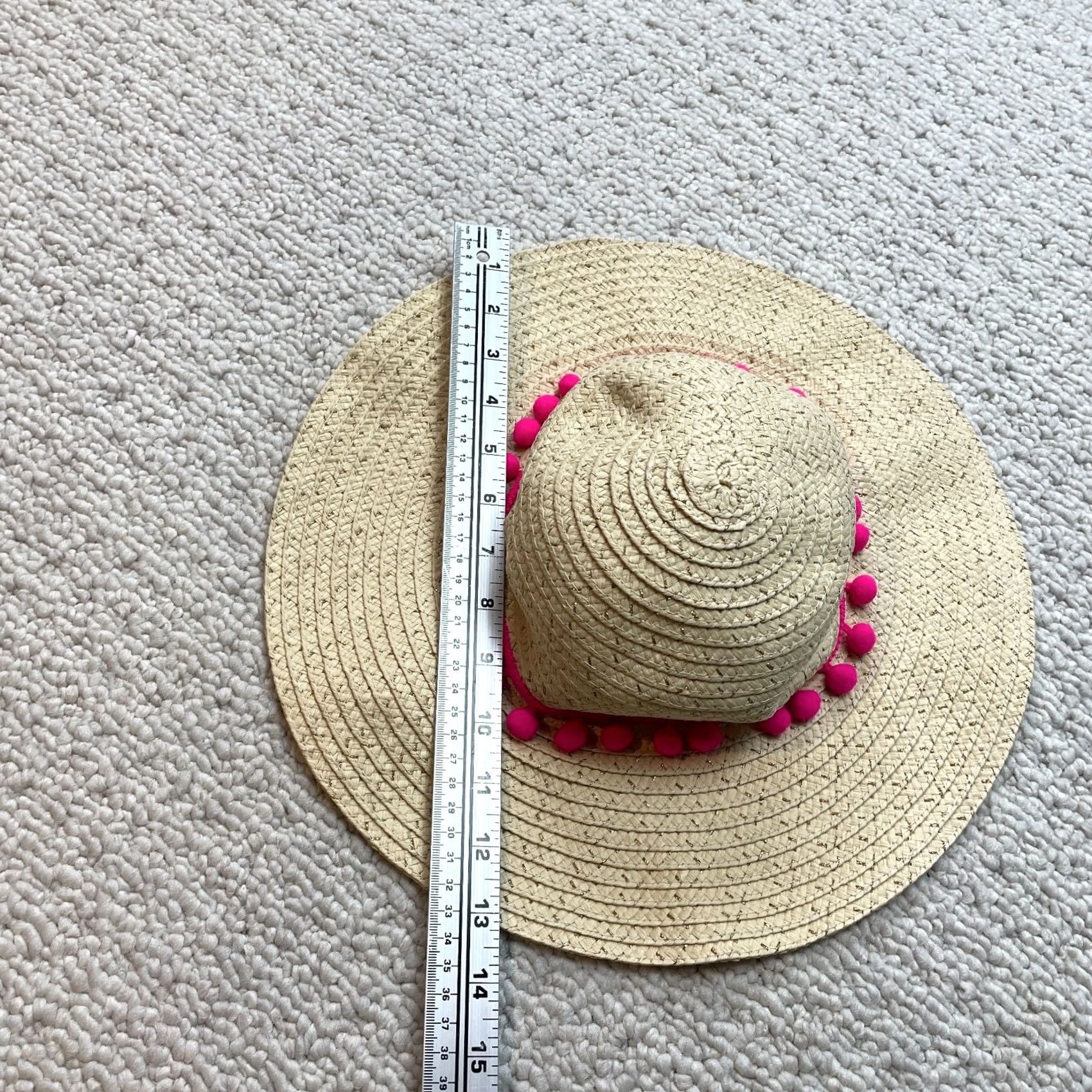 Pinko Unbranded Floppy Hat Brim with Pink Poofs Women Folding Summer Beach Sun Straw Hat Yellow, Sun Hat, Women, One Size Size ONE SIZE - 3 Thumbnail