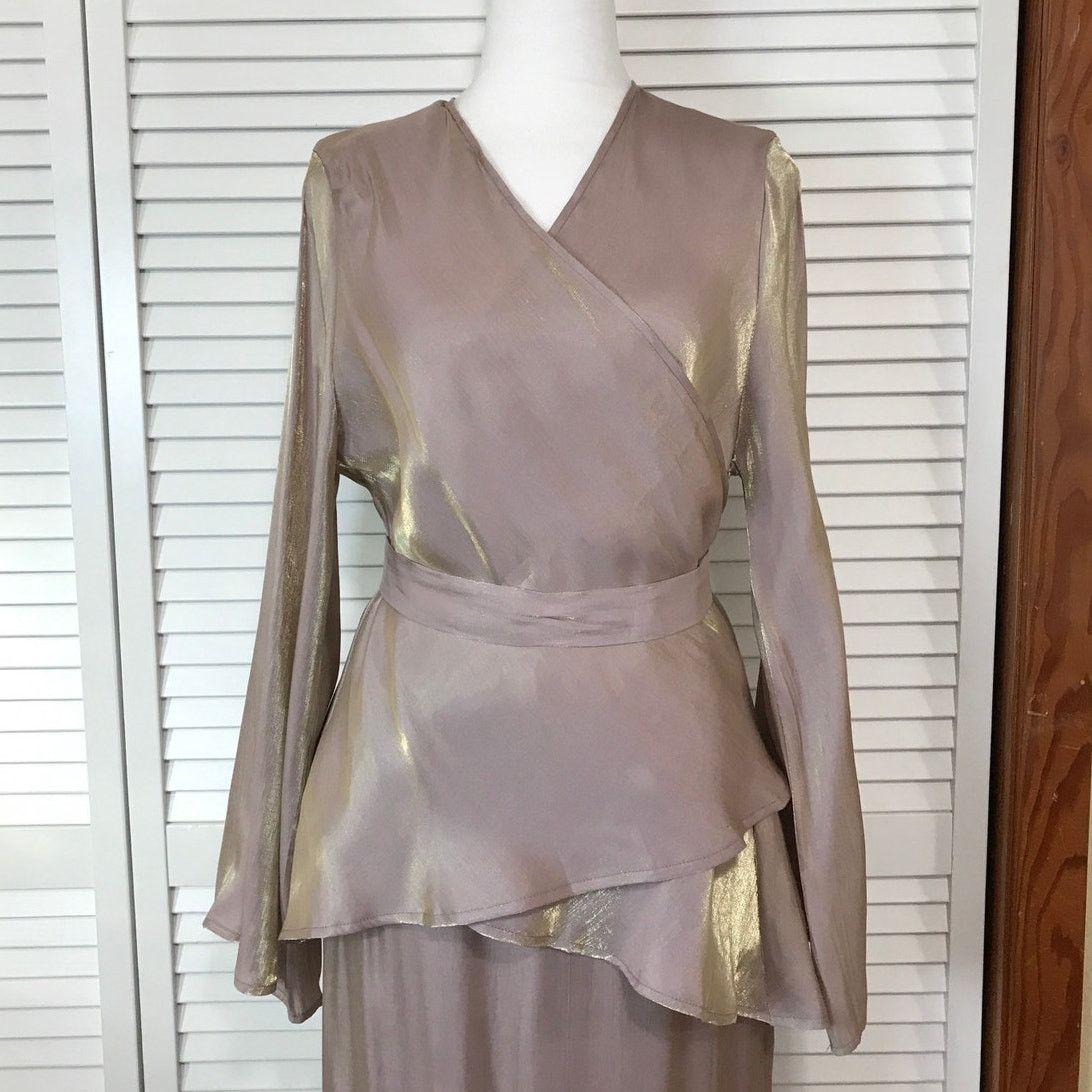 Other Elegant Taupe Metallic Silky Long Sleeve Set A-line Maxi M/L Size M / US 6-8 / IT 42-44 - 3 Thumbnail