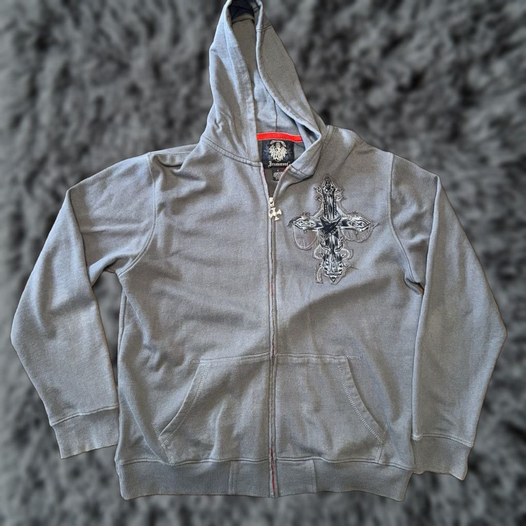 Vintage Irreverent Hoodie Mens Large Gray Gothic Cross Grunge Full Zip Y2K Size US L / EU 52-54 / 3 - 1 Thumbnail