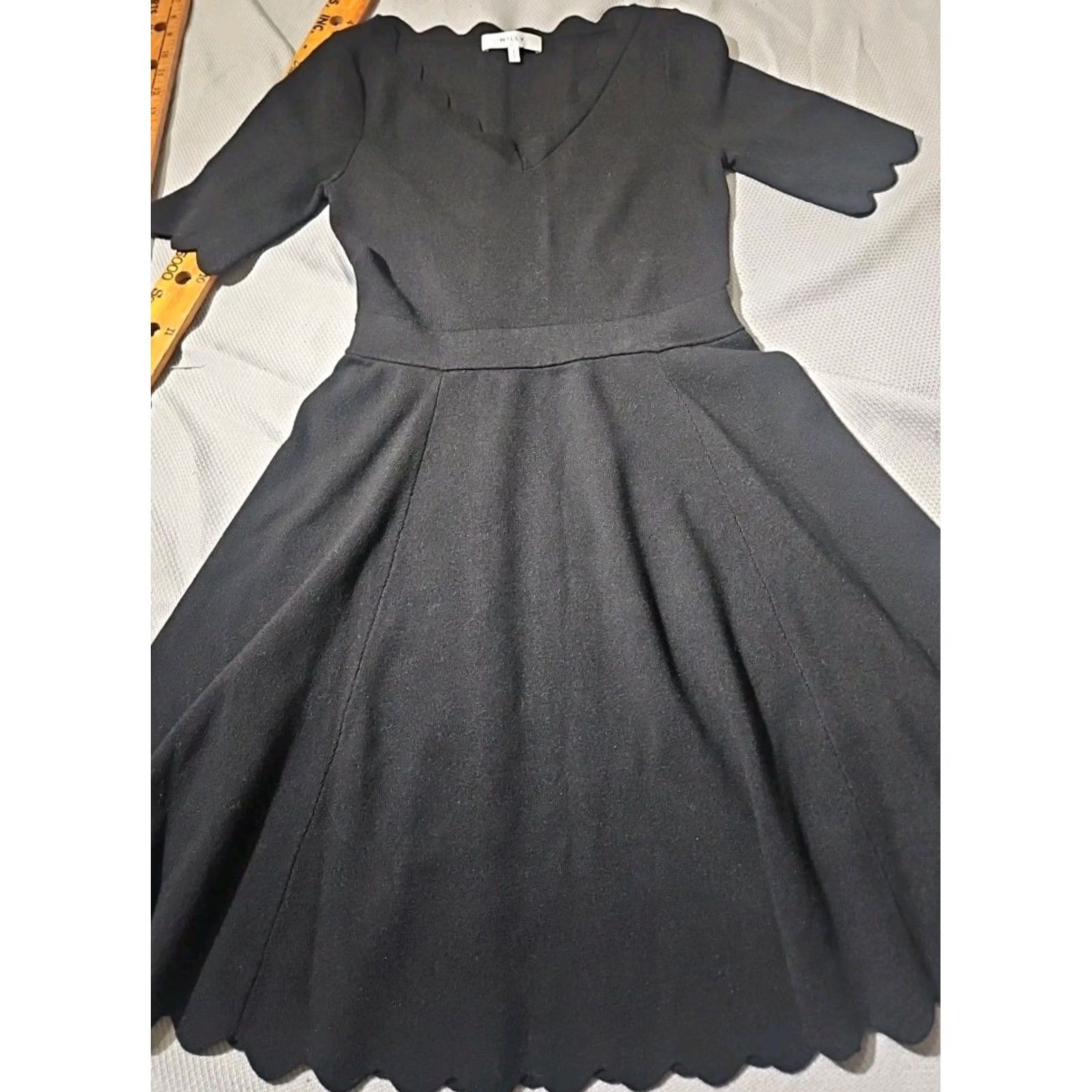 MILLY MILLY Dress Womens S Black Scallop Details Fit Flare Knee Length Stretch Grunge Size S / US 4 / IT 40 - 3 Thumbnail