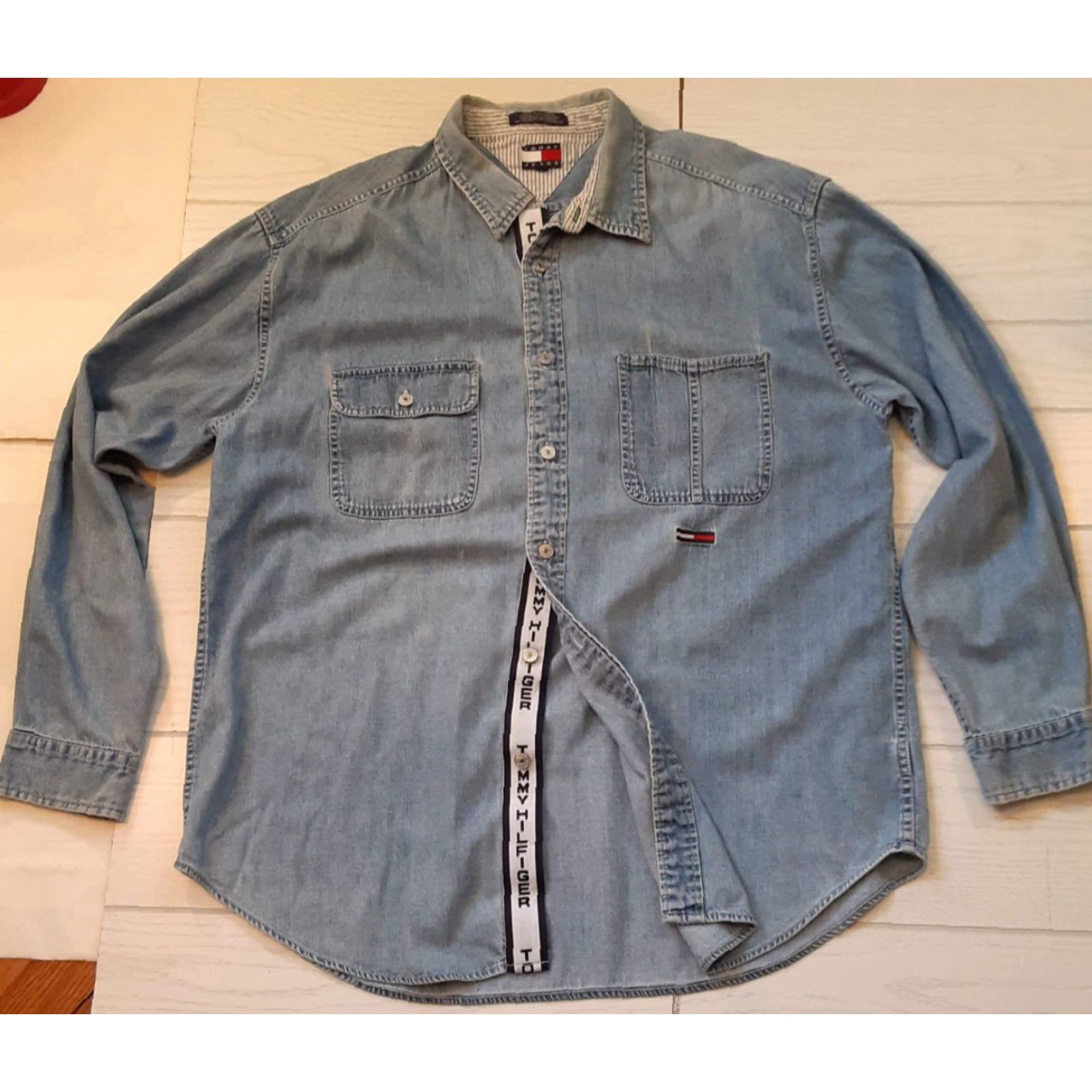 Tommy Hilfiger Tommy Hilfiger Full Metal Button X-Large Blue Jean Shirt with Tommy Strip - Button-Up, Long Sleeve, Cotton Canvas, Metal Buttons, Regular Fit, Men Size US XL / EU 56 / 4 - 2 Thumbnail