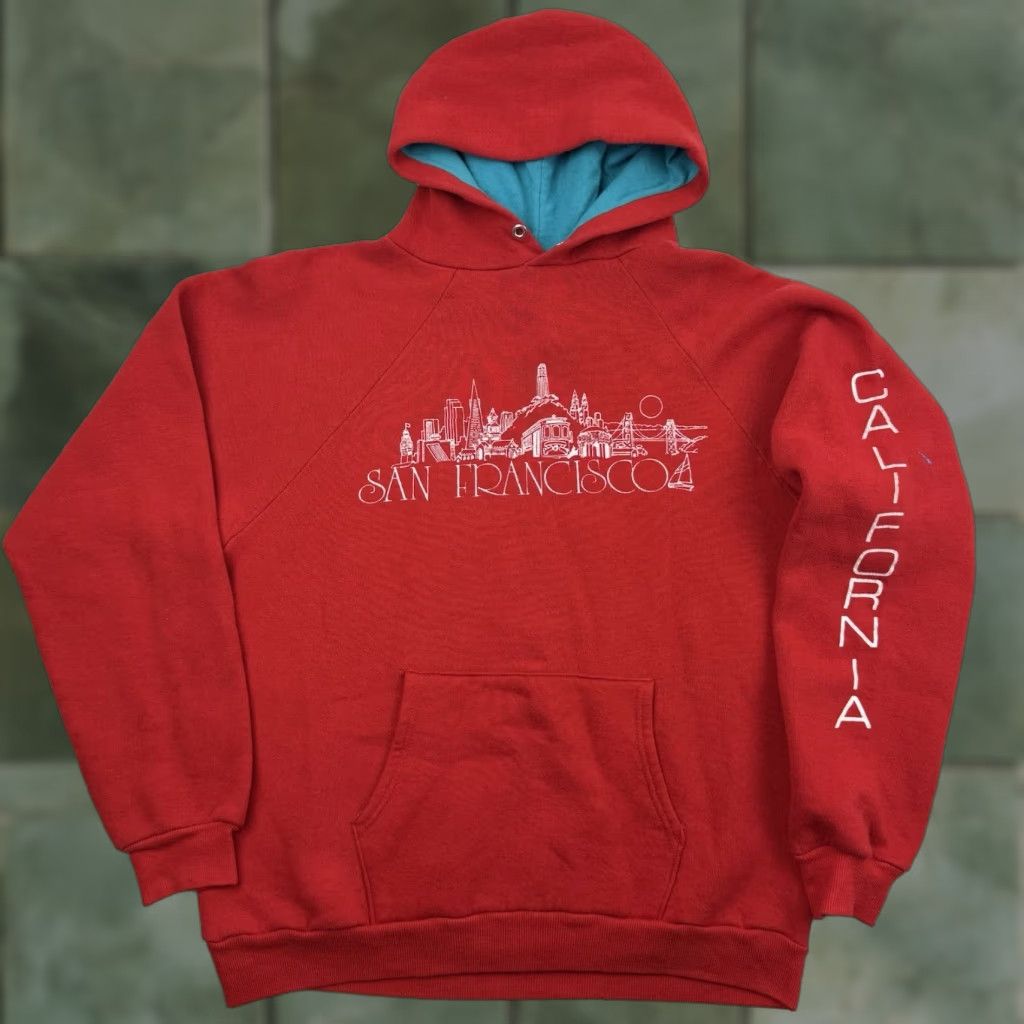 Vintage VINTAGE San Francisco California Hoodie 1980s Mens Large Red Raglan 2 Tone Hipster 90s City USA Pullover Size US L / EU 52-54 / 3 - 1 Thumbnail