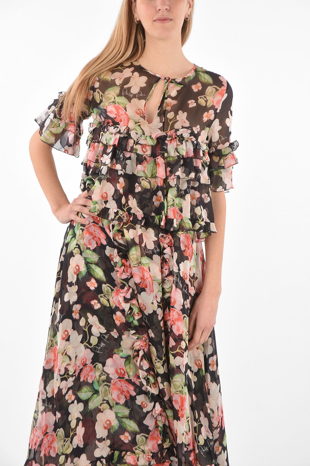 Philipp Plein og1mm0824 Floral Patterned Silk Ruffles Maxi Dress Size S / US 4 / IT 40 - 4 Thumbnail