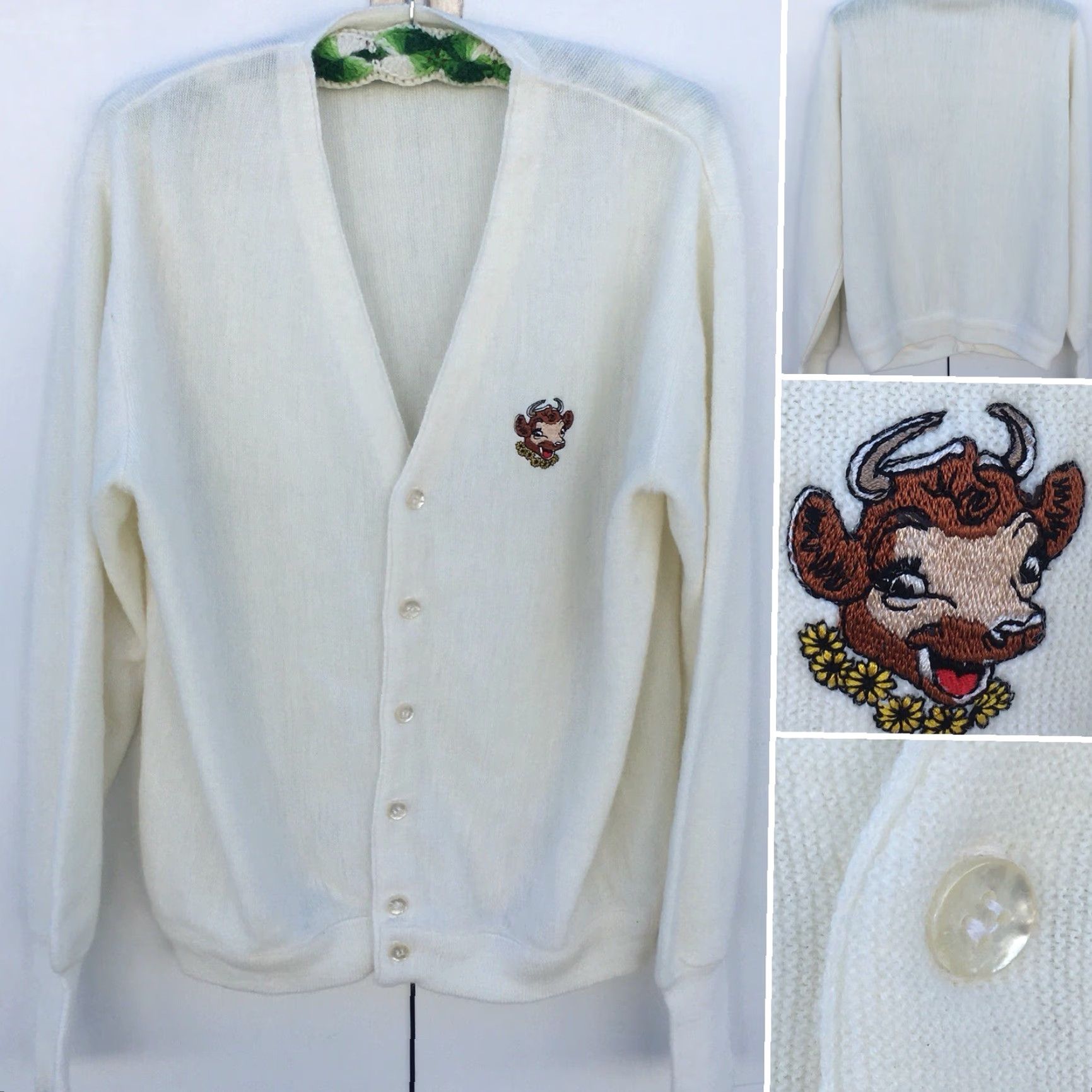 Vintage VINTAGE Elsie The Cow Cardigan Sweater Etonic Sportswear By Eaton Size L Ivory Acrylic Rockabilly Mens Size US L / EU 52-54 / 3 - 3 Thumbnail