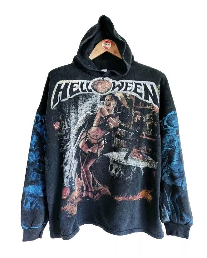 image of Vintage Helloween Better Than Law All-Overprint 80's Hoodie in Black, Men's (Size XL)