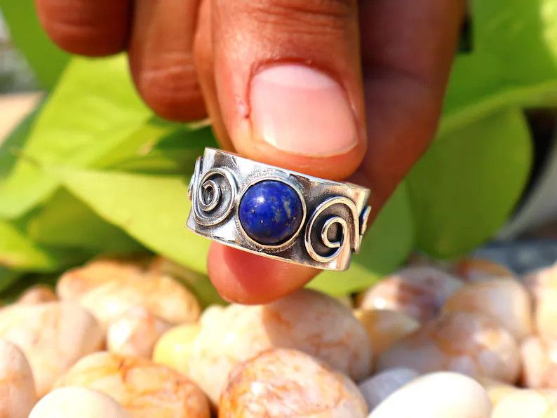 Handmade Lapis Lazuli Band Ring, Handmade Sterling Silver Ring Size ONE SIZE - 1 Thumbnail