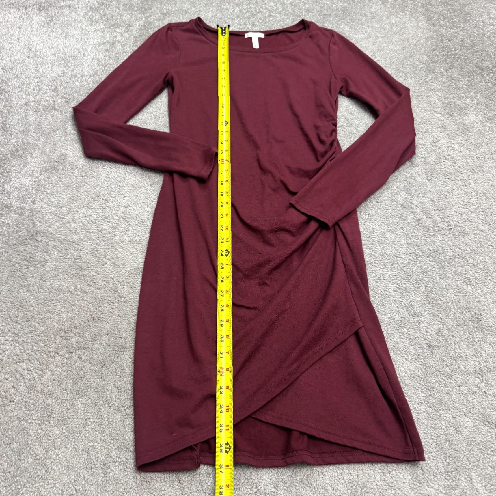 Leith Asymmetric Wrap Hem Ruched Midi Dress Womens M Burgundy Long Sleeve