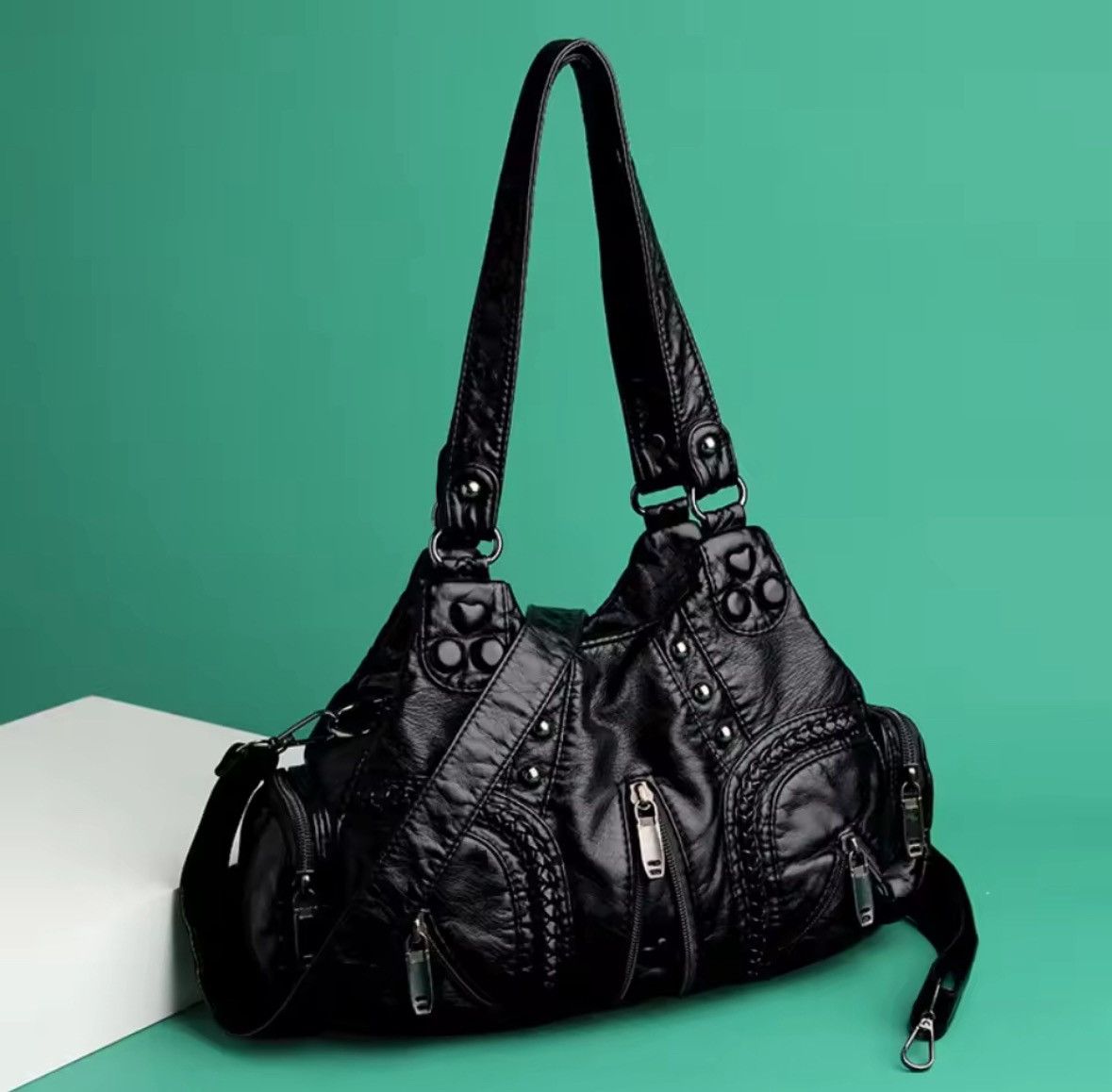 Japanese Brand Leather Tote Bag Large Capacity Rivet Motorcycle Handbag Size ONE SIZE - 2 Thumbnail