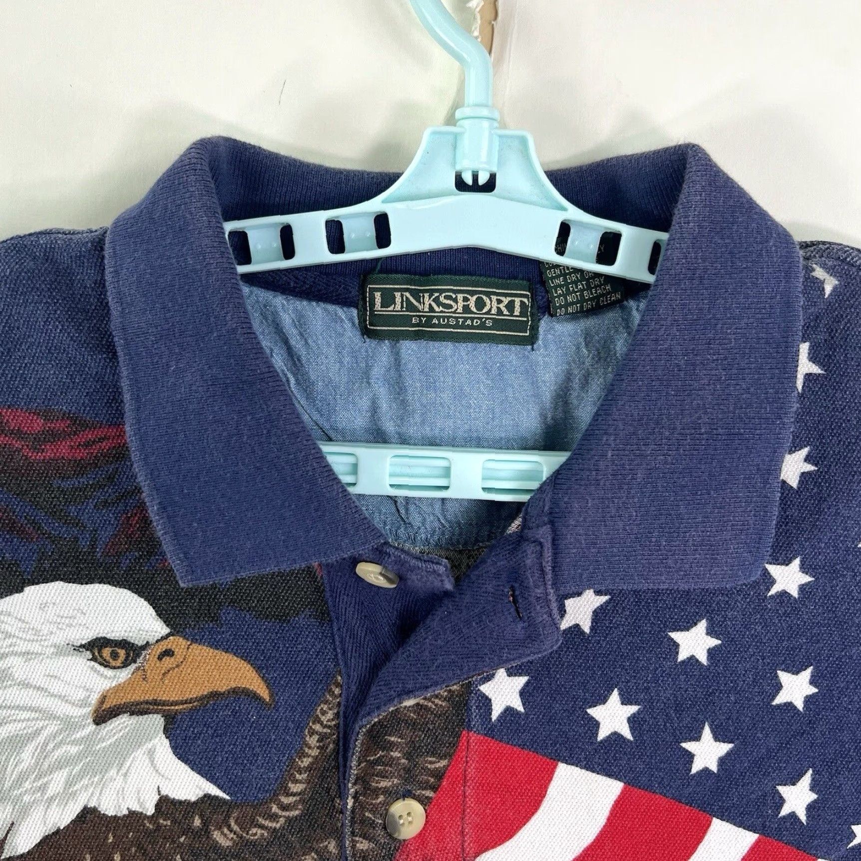 Vintage Linksport by Austad's American Eagle Flag AOP Polo Shirt Mens XL Blue 100% Cotton Short Sleeve Graphic Print Eagle USA Flag Polo Mens XL Blue Size US XL / EU 56 / 4 - 4 Thumbnail
