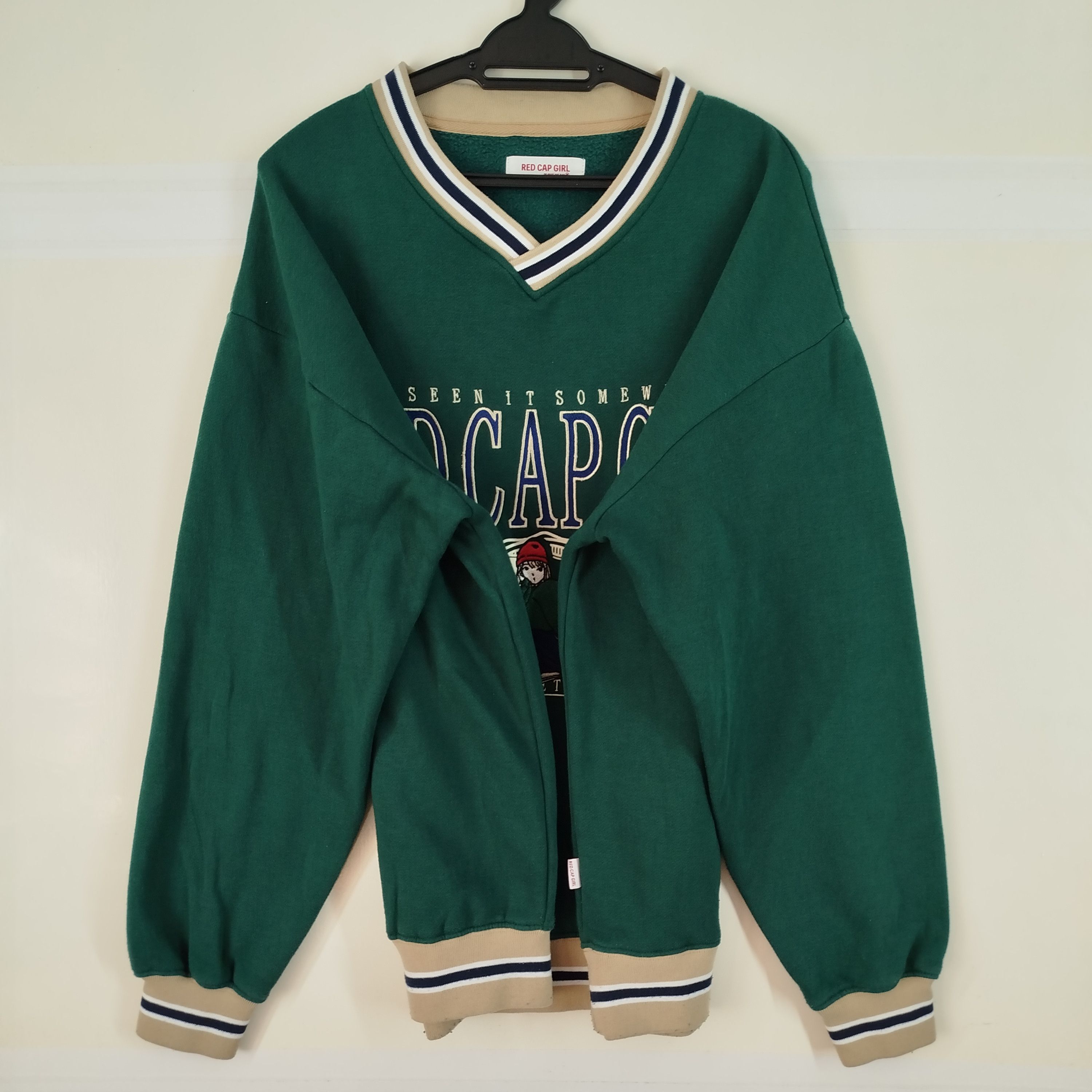 Japanese Brand Red Cap Girl Embroidery Big Logo V Roundneck Vintage Style Size US XL / EU 56 / 4 - 3 Thumbnail