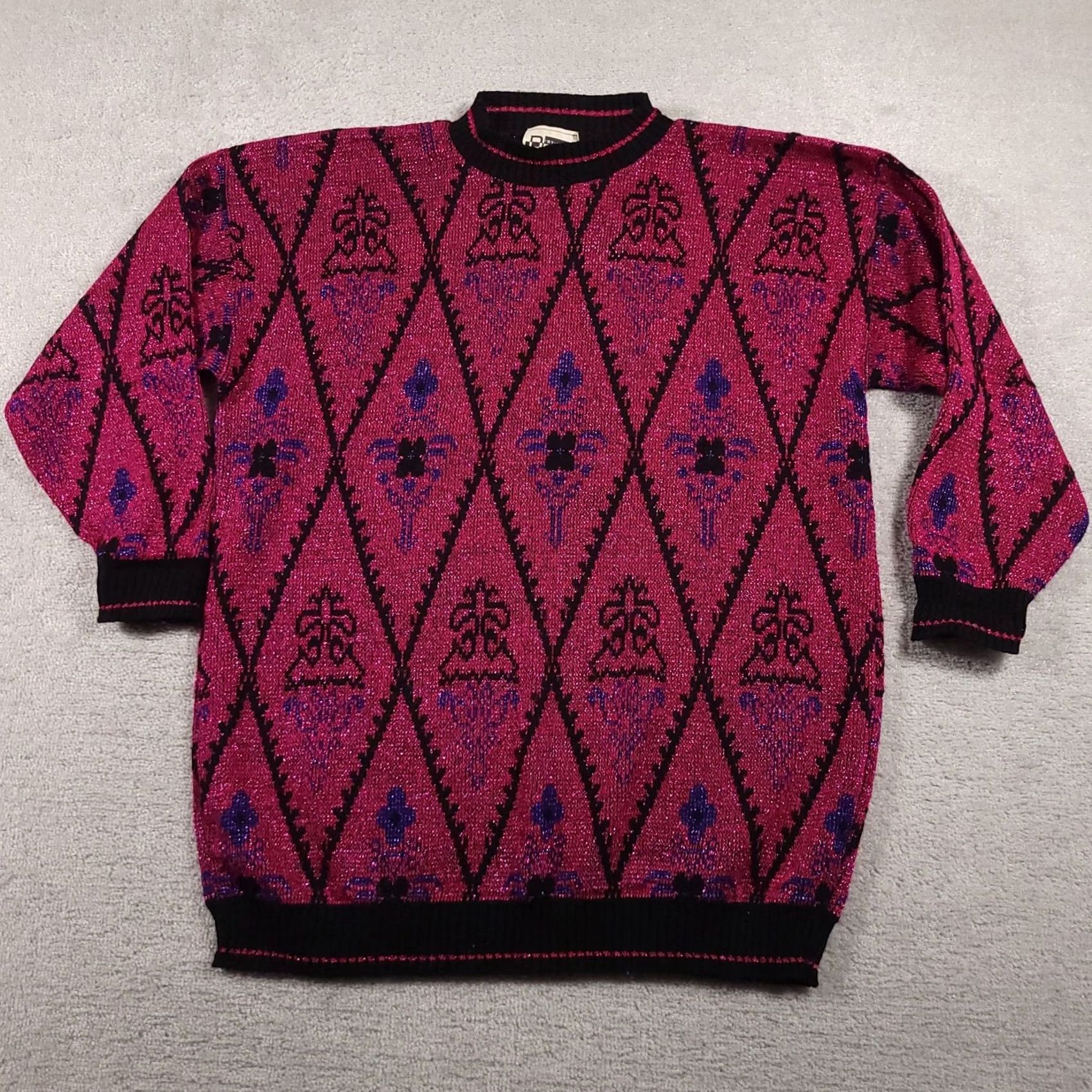 Vintage VINTAGE Distinctly Different Sweater Womens 22W Pink 80s Acrylic Pullover Geometric Glitter Crew Neck Size 3XL / US 20-22 - 2 Thumbnail