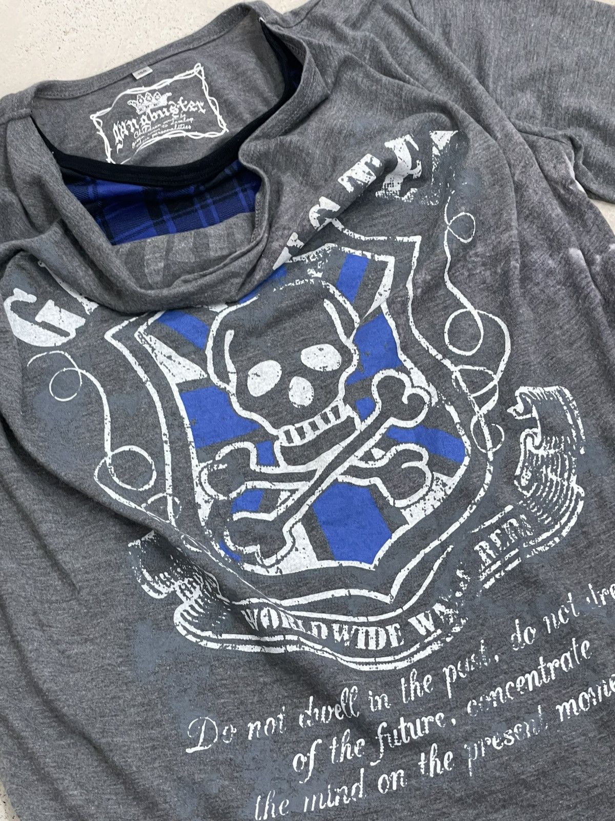 Japanese Brand Gangbuster Tartan Blue Y2K Punk Skull Layer Tee Size XS / US 0-2 / IT 36-38 - 11 Thumbnail