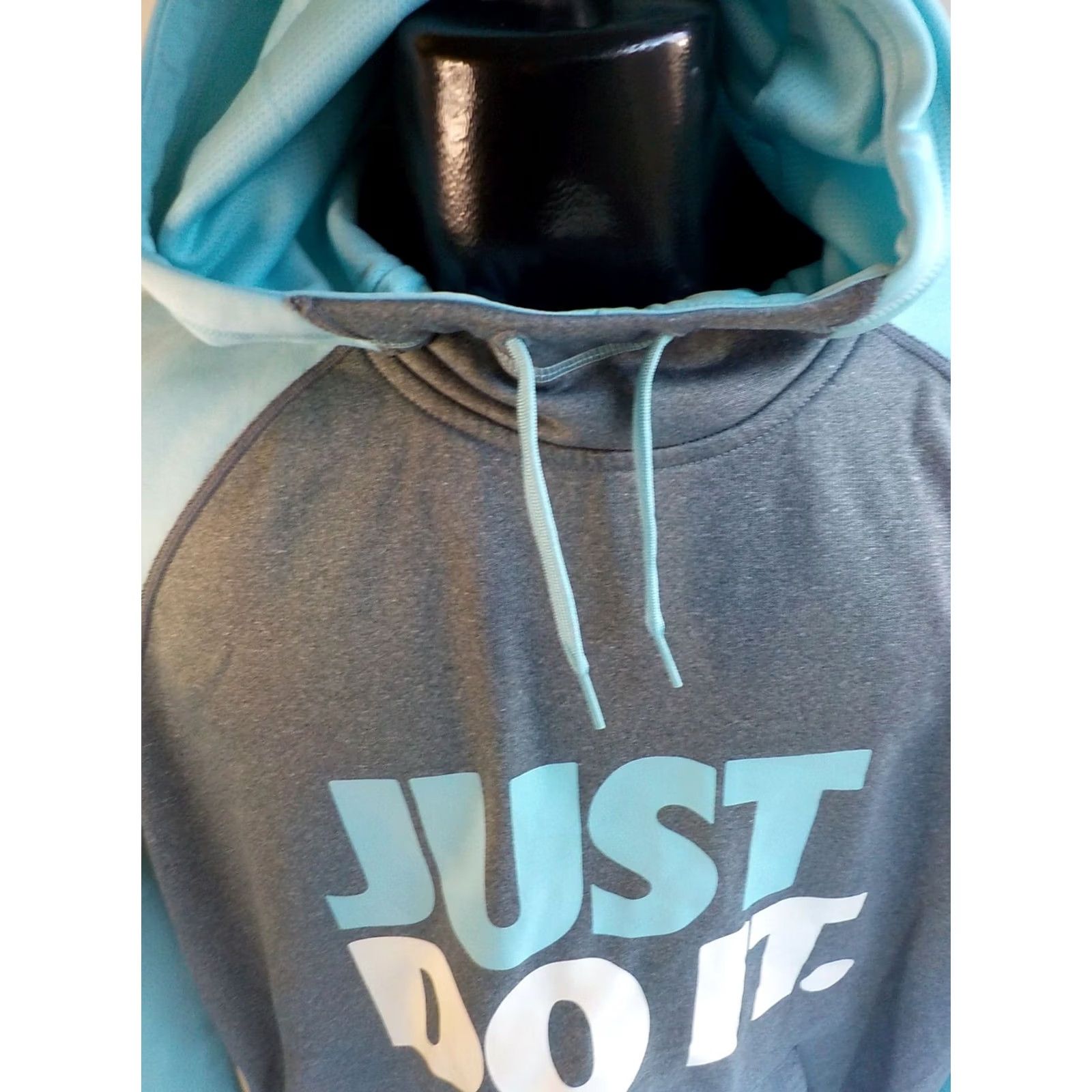 Nike NIKE Therma-Fit Just Do It 2 Tone Hoodie Gray Turquoise Womens XL Pullover Kangaroo Pocket 100% Polyester Good Condition Size XL / US 12-14 / IT 48-50 - 2 Thumbnail