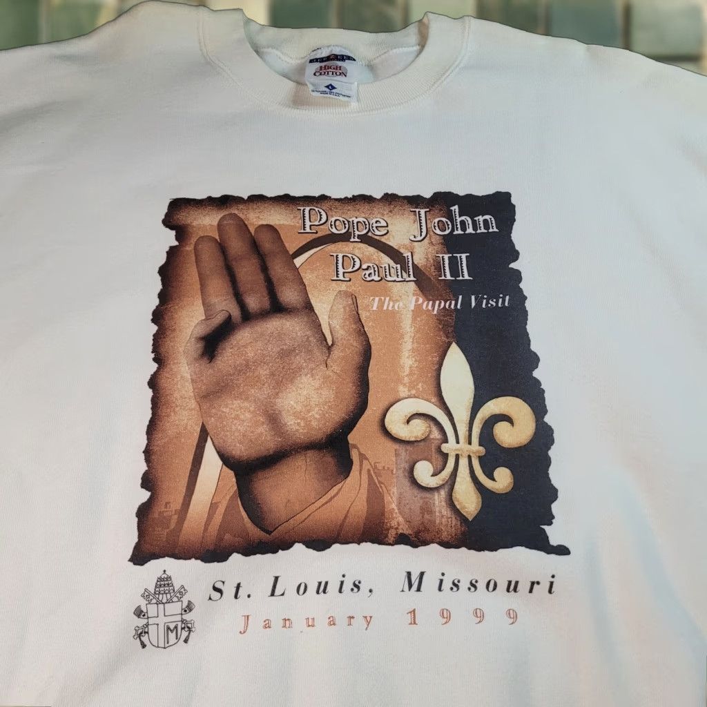 VINTAGE 90s Pope John Paul II Catholic Sweatshirt Men Large White