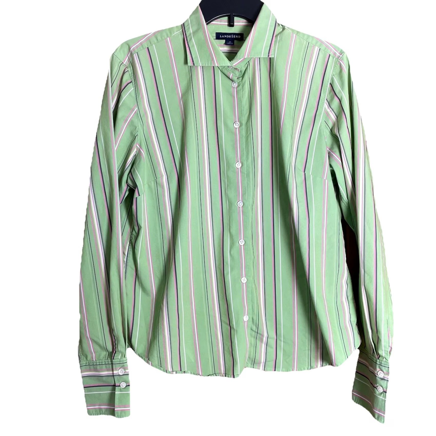 Lands' End Lands' End Women’s Blouse Sz 16 Green Stripe Classic Button Up Preppy Shirt Womens Long Sleeve Cotton Size XXL / US 16-18 / IT 52-54 - 2 Thumbnail