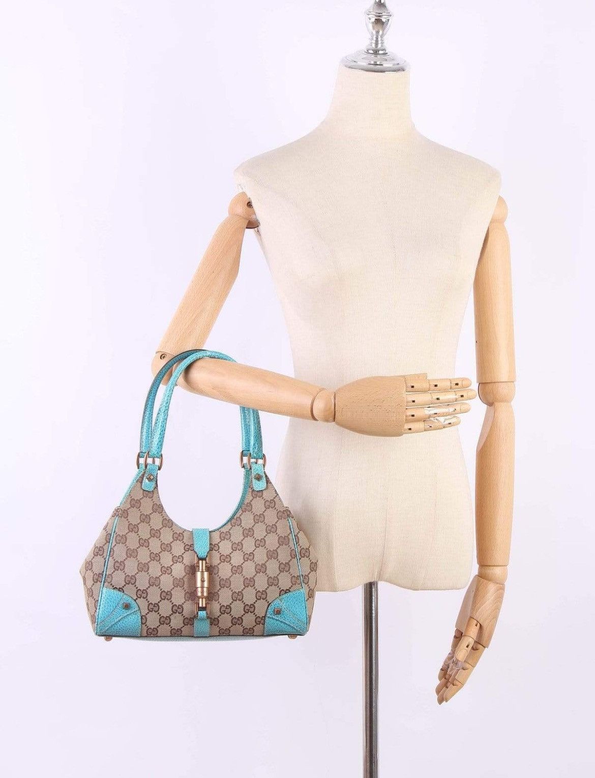 Gucci Gucci Beige/Turquoise GG Canvas and Leather Jackie O Hobo Size ONE SIZE - 10 Thumbnail