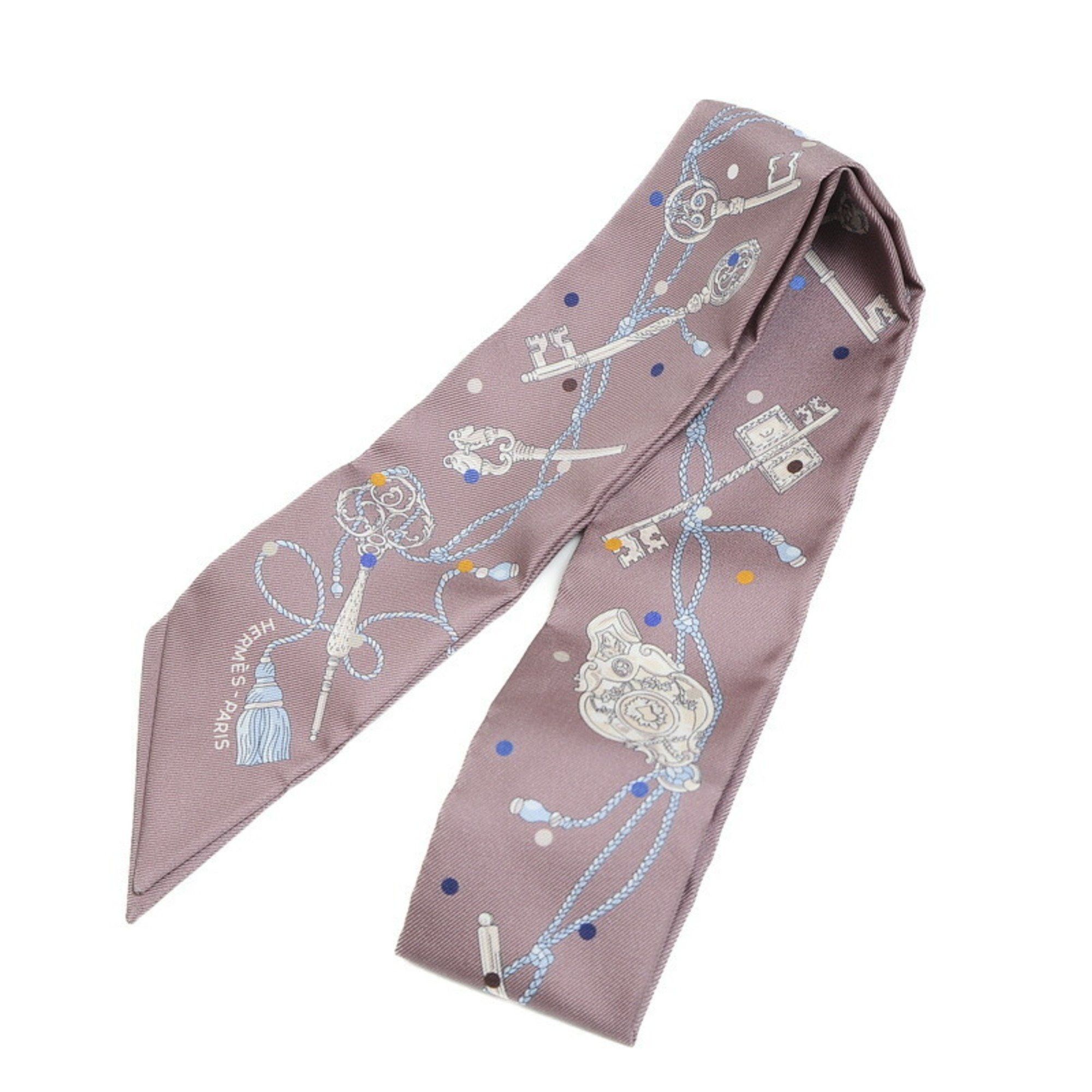 image of Hermes Twilly Les Cles A Pois Muffler/scarf Marron Glace Grease 100% Silk, Women's