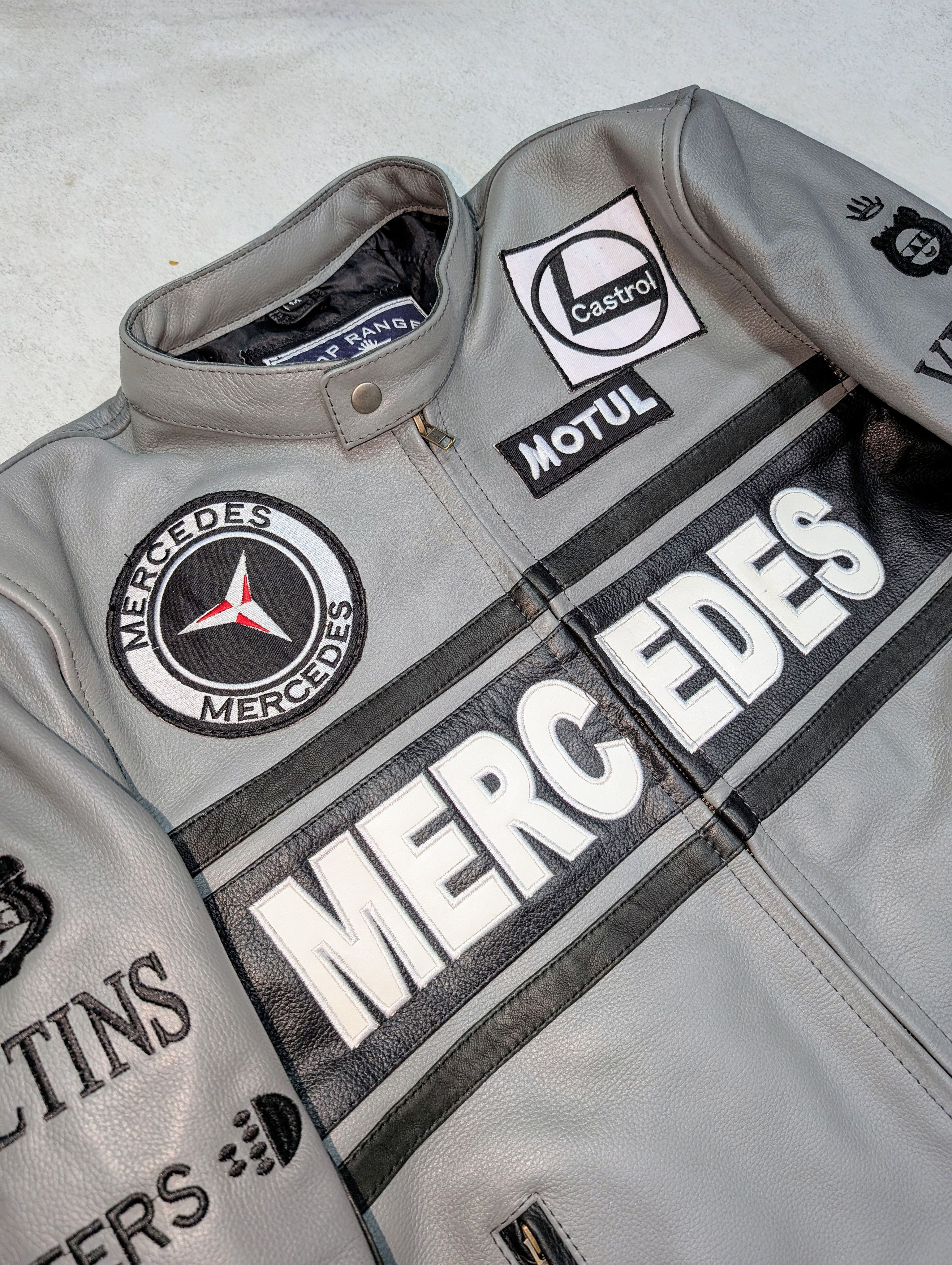 Formula 1 💥 Mercedes Benz 💥 Grey Racing Leather Jacket Streetwear Size US L / EU 52-54 / 3 - 5 Thumbnail
