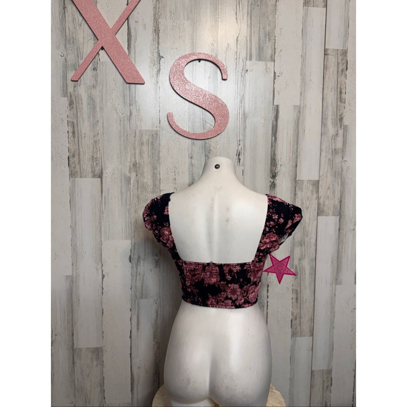 Melrose XS Black Pink Floral Corset Crop Top Puff Sleeve Hook-Front Size XS / US 0-2 / IT 36-38 - 6 Thumbnail