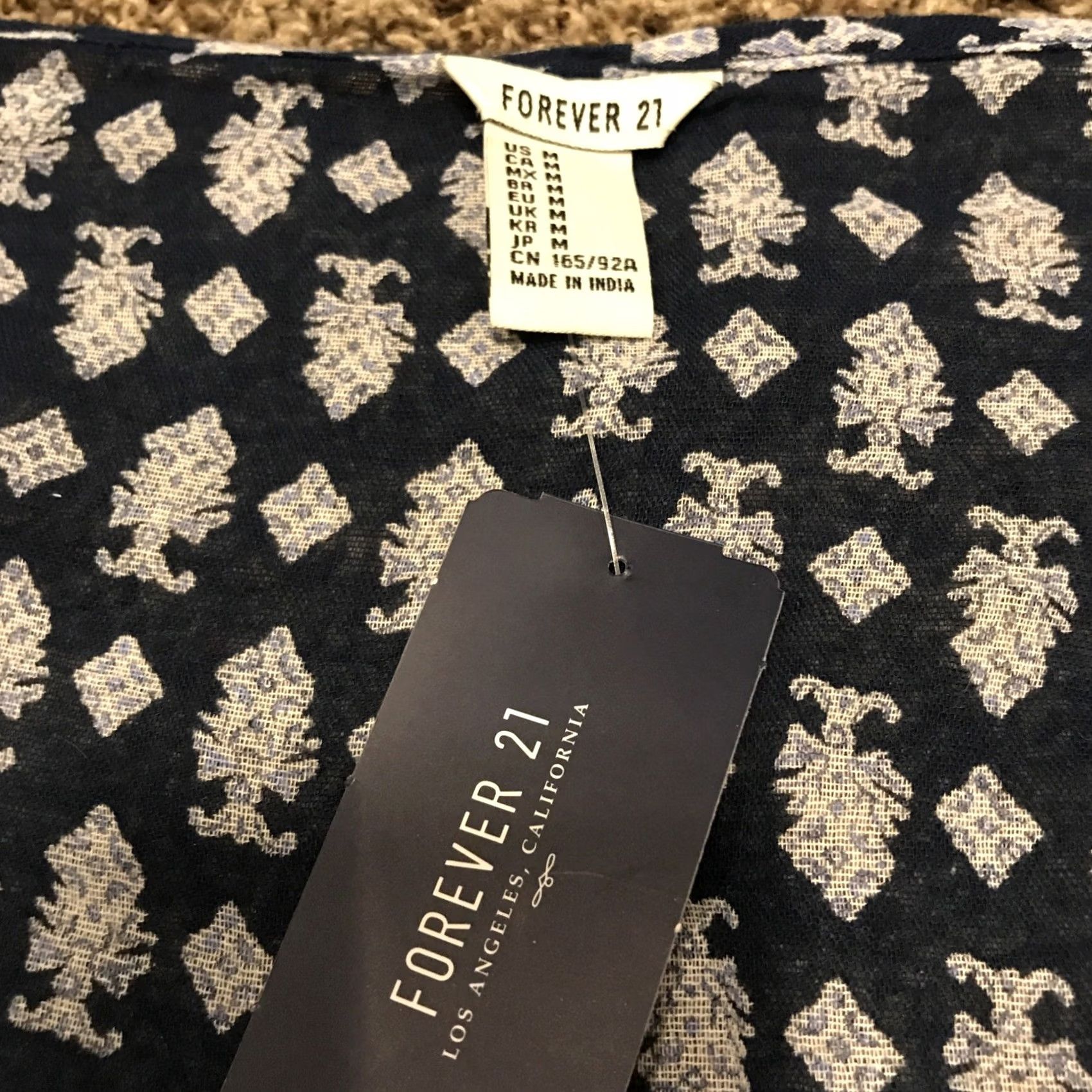 Forever 21 FOREVER 21 Blouse Women M Blue Cotton Sheer Round Neck Bell Sleeve Casual Regular, Geometric Pattern, Long Sleeve, Basic Style Size M / US 6-8 / IT 42-44 - 2 Thumbnail