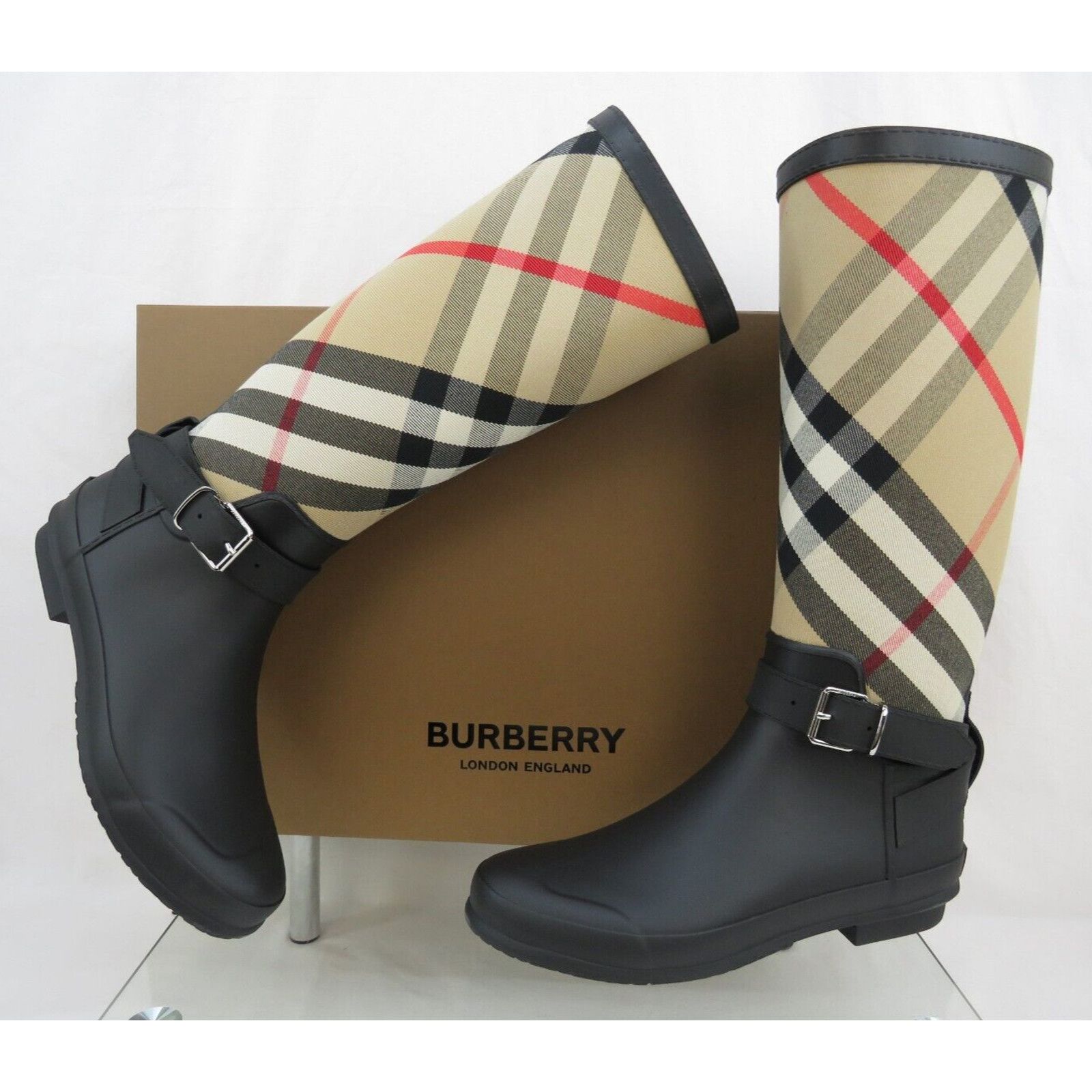 Burberry BURBERRY SIMEON BLACK RUBBER BEIGE CHECK RAIN BOOTS 40 10 Size US 10 / IT 40 - 3 Thumbnail