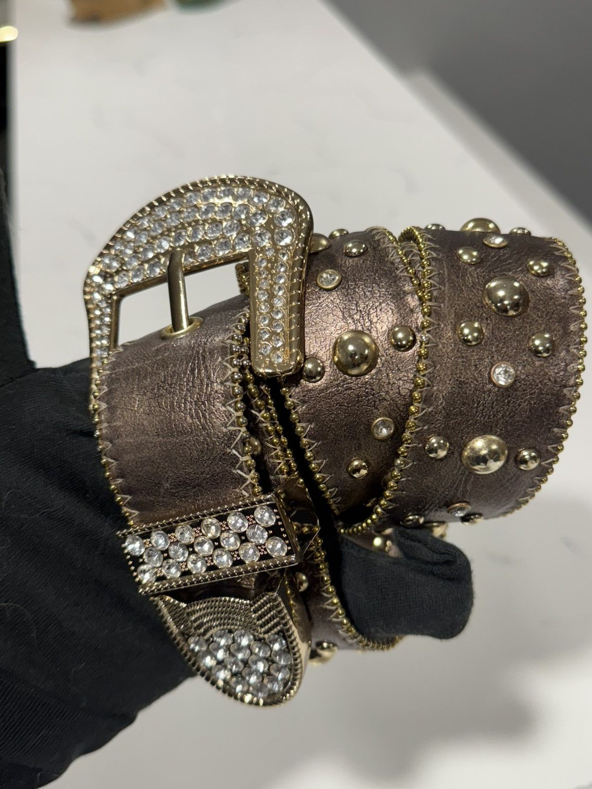 Vintage Vintage Kathy Van Zealand Rhinestone Cowboy Y2K Belt Size 32 - 6 Thumbnail