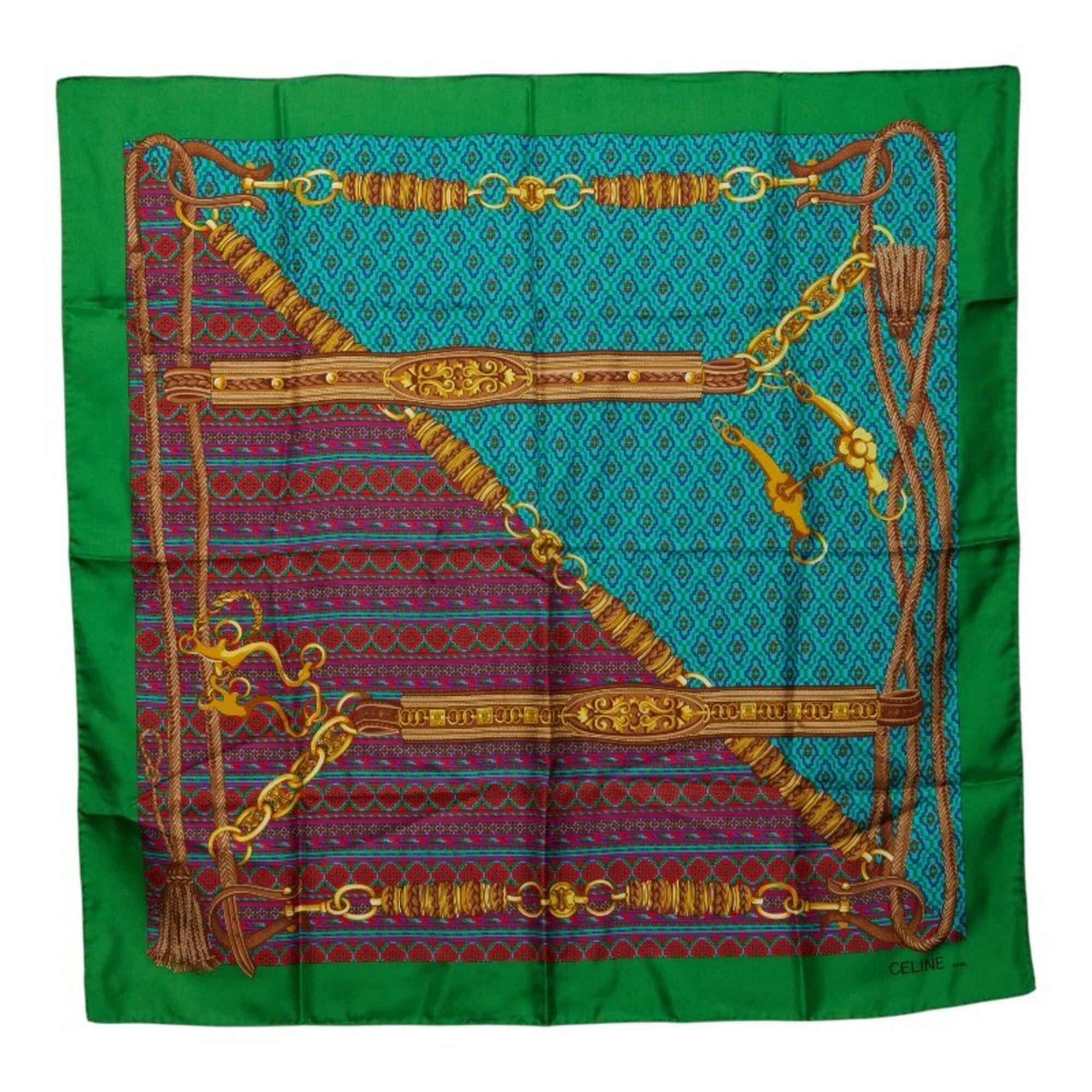 Celine Celine Chain Motif Scarf Muffler, Green Multicolor Silk, Women's Size ONE SIZE - 1 Thumbnail