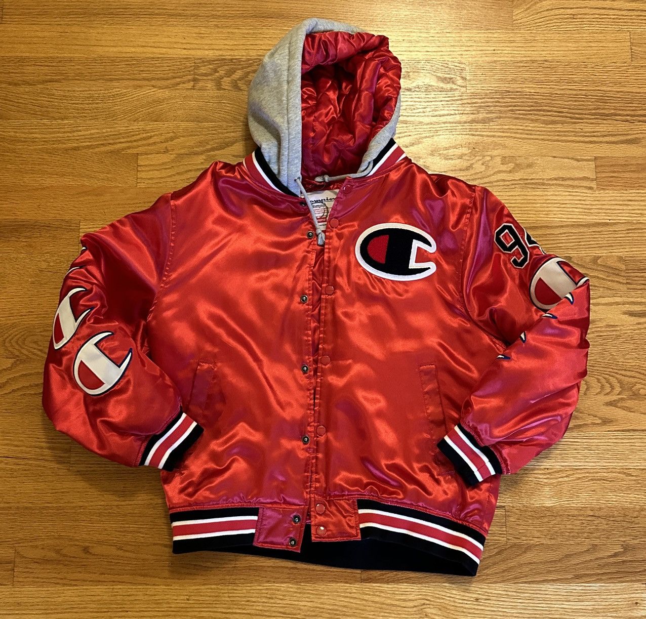Champion SUPREME フード付きスタジャン Supreme Champion Hooded Satin Varsity Jacket シュプリーム (Supreme