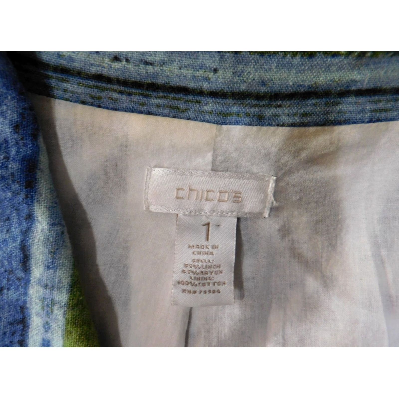 Vintage Chicos Blouse Shirt Womens Blue Geometric Linen Rayon Open Shawl Collar Casual Designer Top Size 1 Regular Vintage No Buttons Size XS / US 0-2 / IT 36-38 - 6 Thumbnail