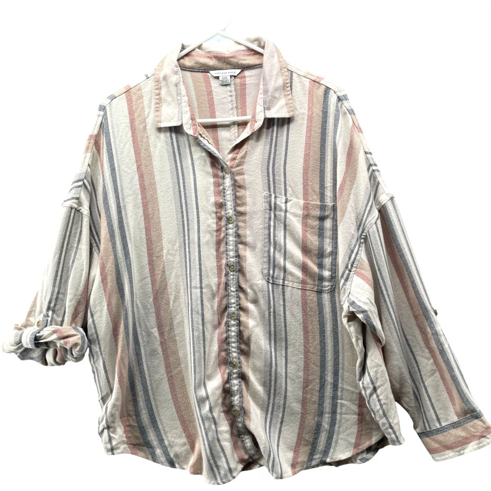 American Eagle Outfitters VINTAGE American Eagle Button Down Shirt Womens L Lightweight Roll Tab Beige Boyfriend Size L / US 10 / IT 46 - 2 Thumbnail