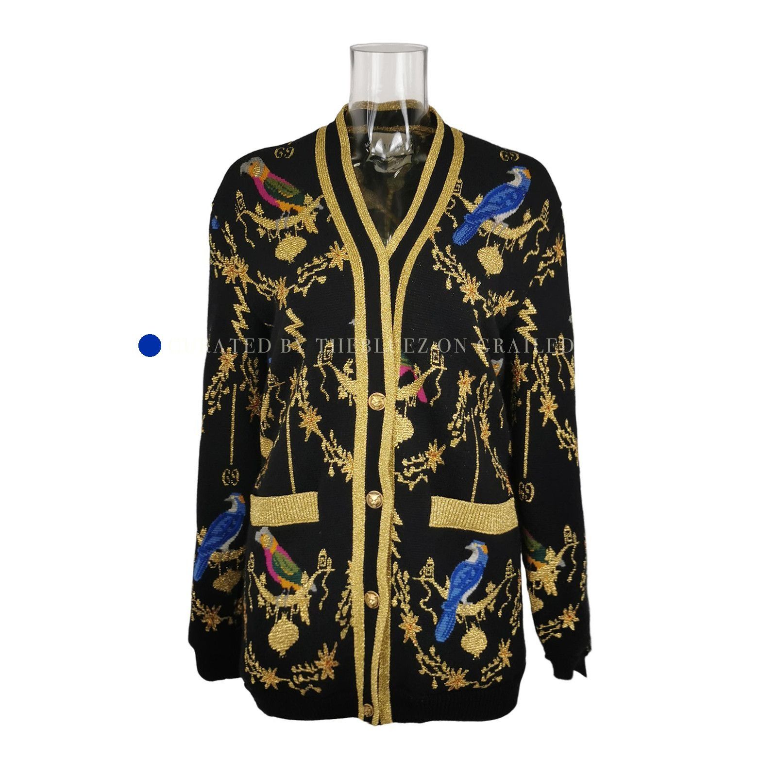 Gucci Black V-Neck Cardigan with Bird Pattern Size US XS / EU 42 / 0 - 1 Thumbnail