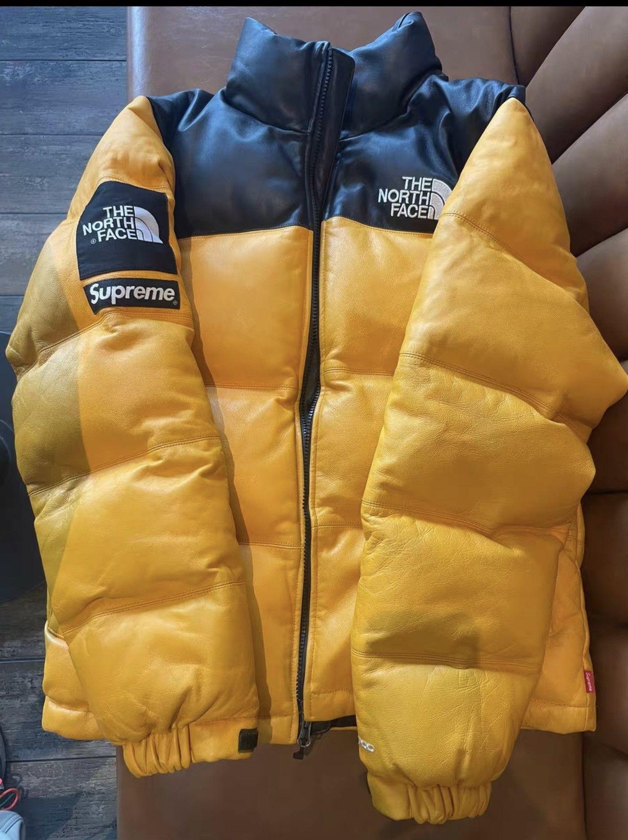 Supreme Supreme tnf the north face leather nuptse jacket yellow ...