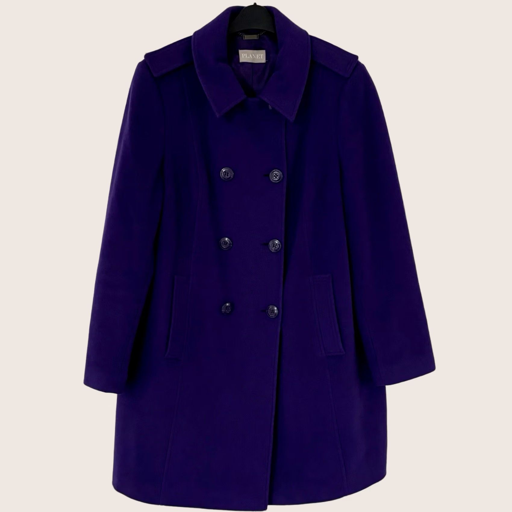 Vintage VINTAGE Planet London Wool Cashmere Blend Coat UK 16 Womens Purple Double Breasted Jacket Coat Knee Length Long Sleeve Adjustable Pockets Buttoned Size XXL / US 16-18 / IT 52-54 - 1 Thumbnail