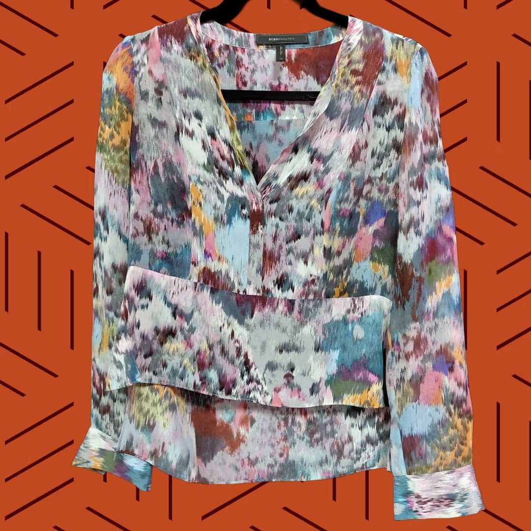 Bcbgmaxazria BCBGMAXAZRIA Silk Blouse Multicolor Graphic Print Long Sleeve XS Womens Size XS / US 0-2 / IT 36-38 - 1 Thumbnail