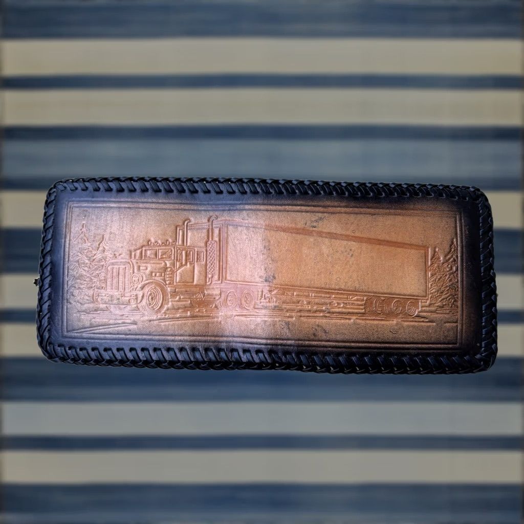 Vintage VINTAGE Hand Tooled Leather Wallet Bifold Trucker Design Big Rig Whipstitch Mens Brown Leather Wallet Vintage Handcrafted USA Size ONE SIZE - 1 Thumbnail