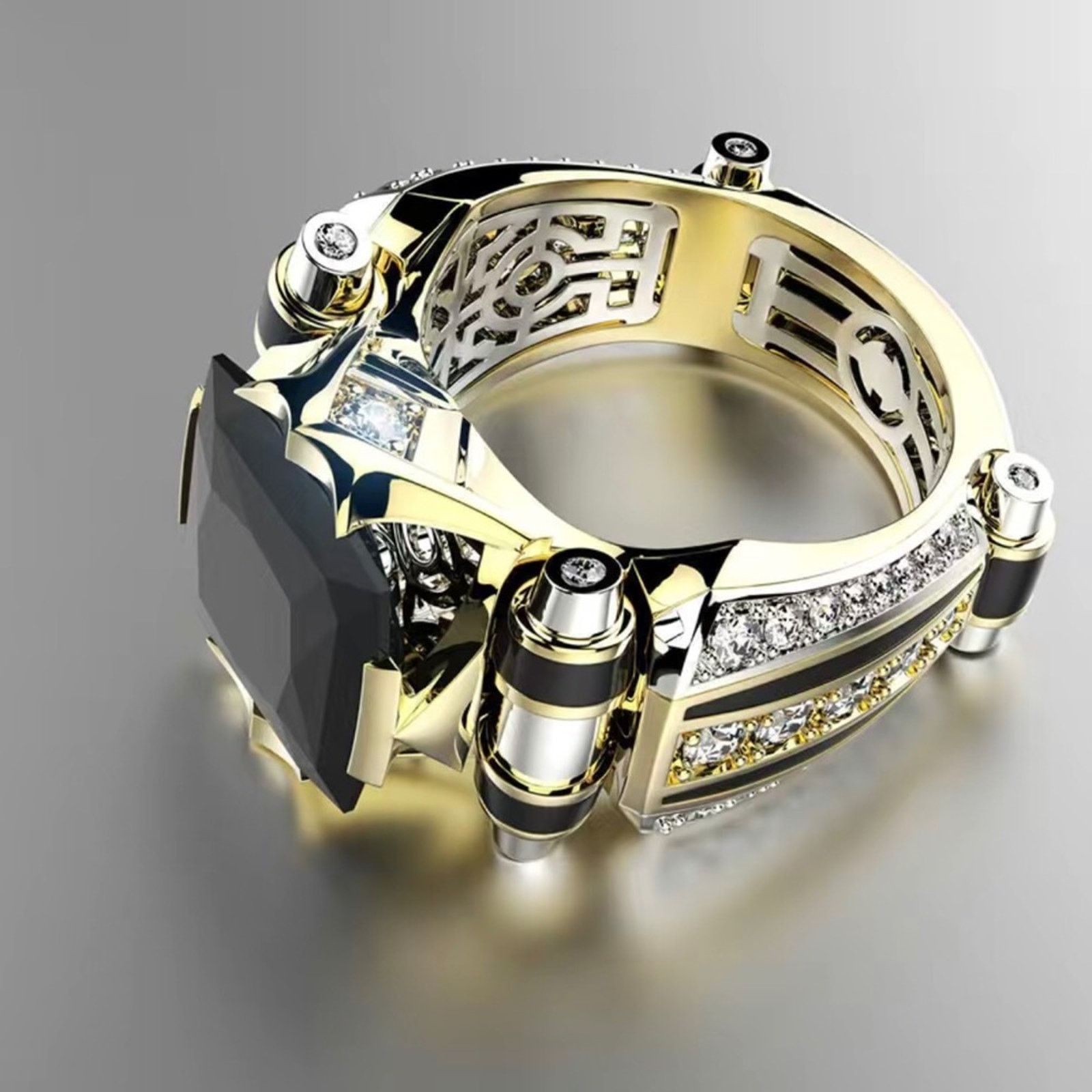 Jewelry Men’s fashionable faceted black stone gold band ring NWT 9 Size ONE SIZE - 7 Thumbnail
