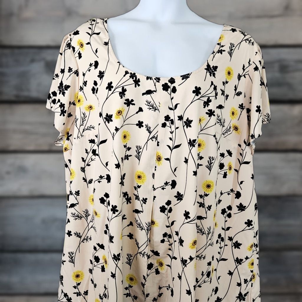 Vintage eShakti Womens Dress 5X Black Yellow Floral Short Sleeve Pockets Scoop Neck A-Line Knee Length Plus Womens Size 40" / US 18 - 1 Thumbnail